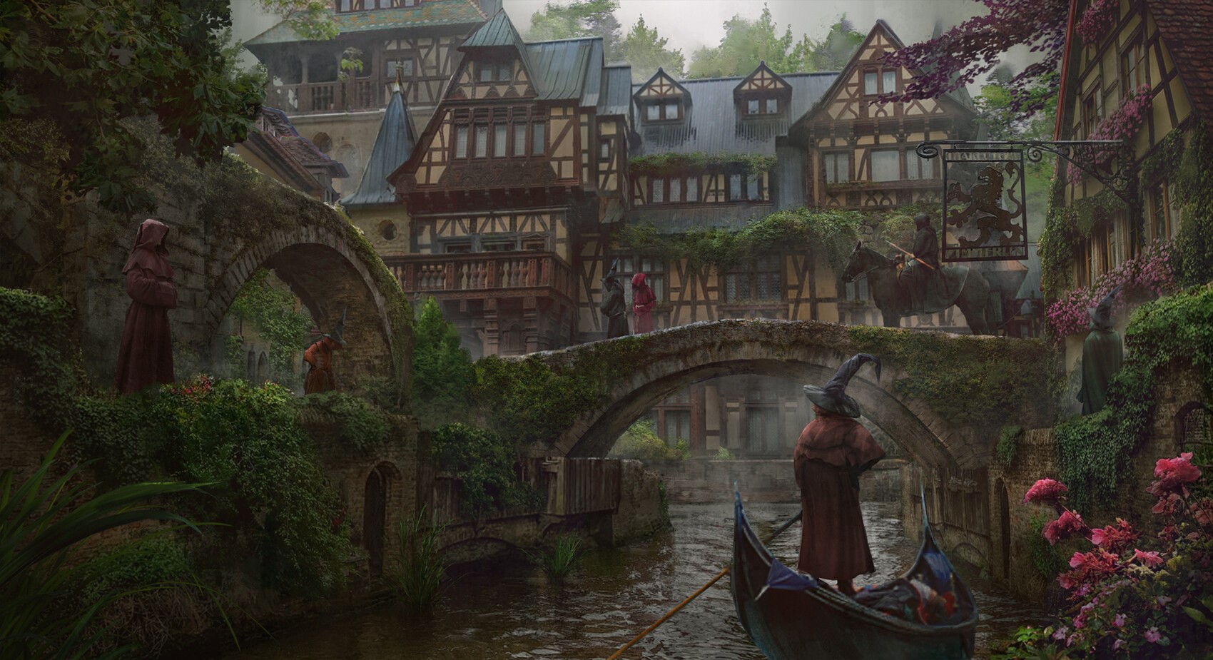 Medieval fantasy village with monks and a gondola HD Wallpaper
