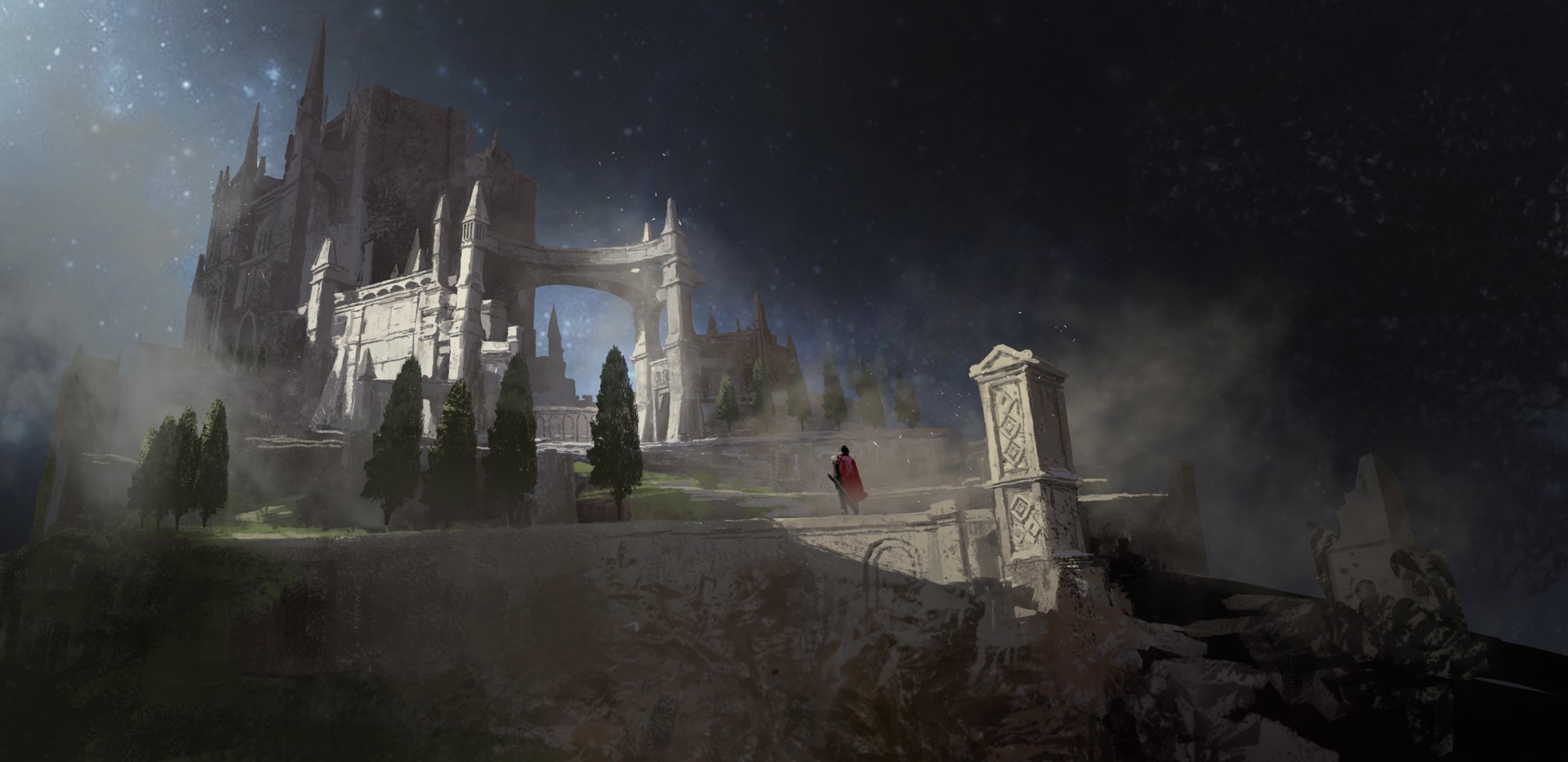 Fantasy castle with a lone figure in a red cloak HD Wallpaper