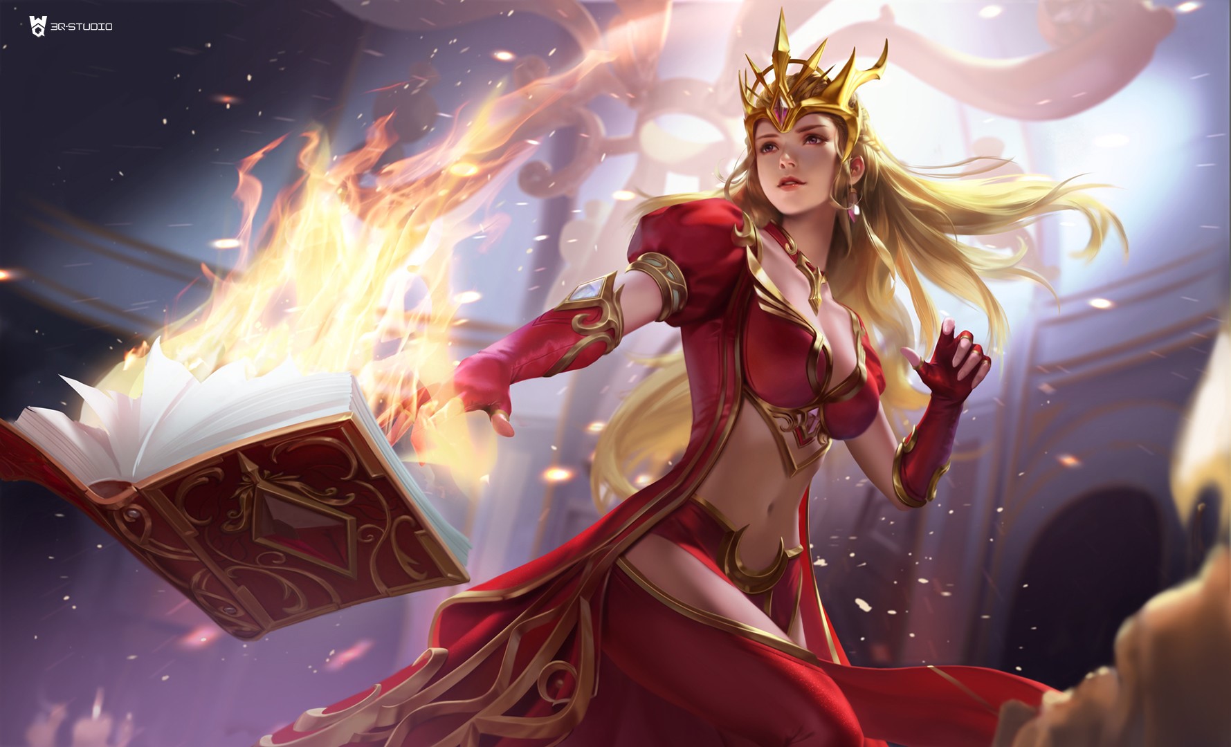 Fantasy woman in red dress casting fire spell from book HD Wallpaper