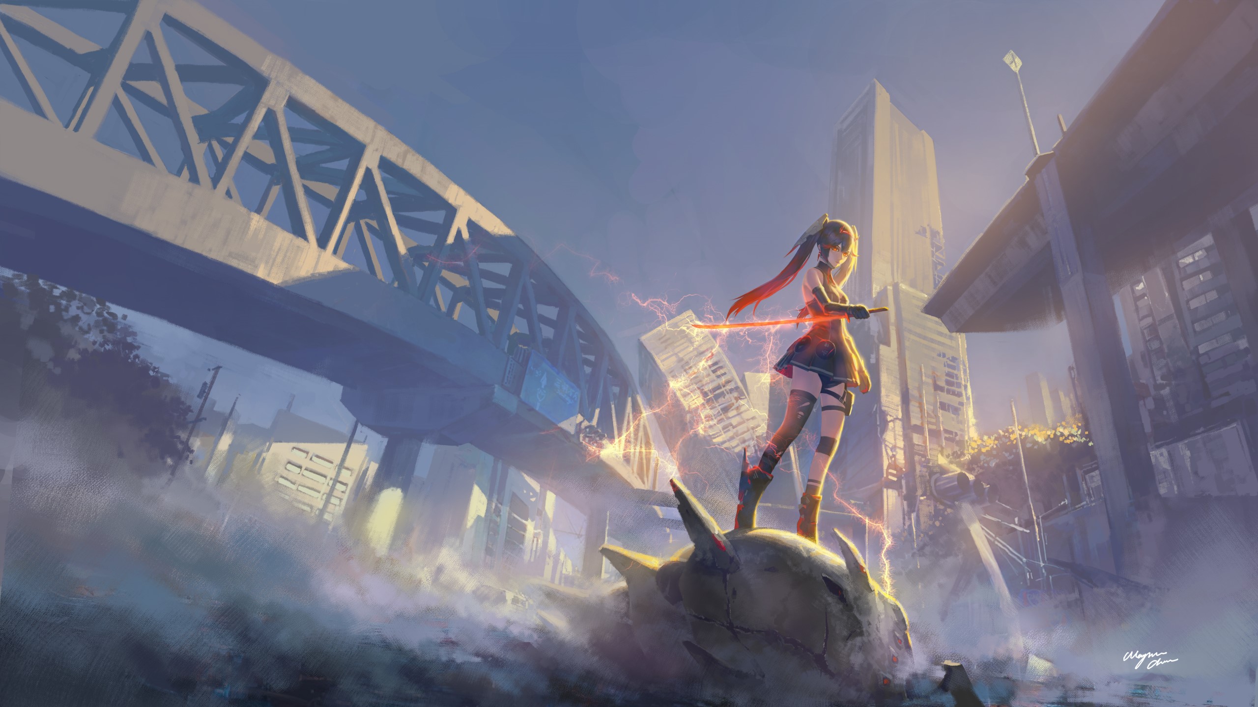 Girl with sword in apocalyptic city HD Wallpaper