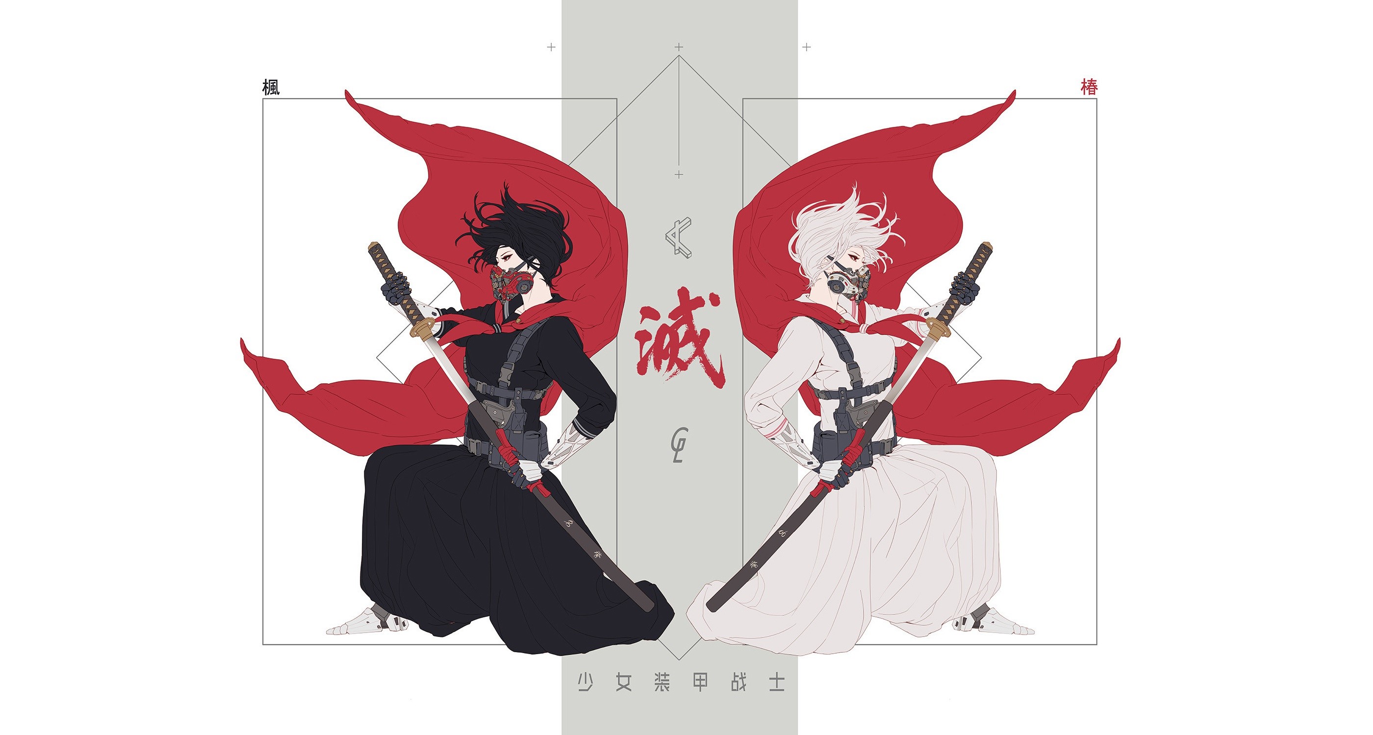 Two anime warriors with katanas and red capes HD Wallpaper