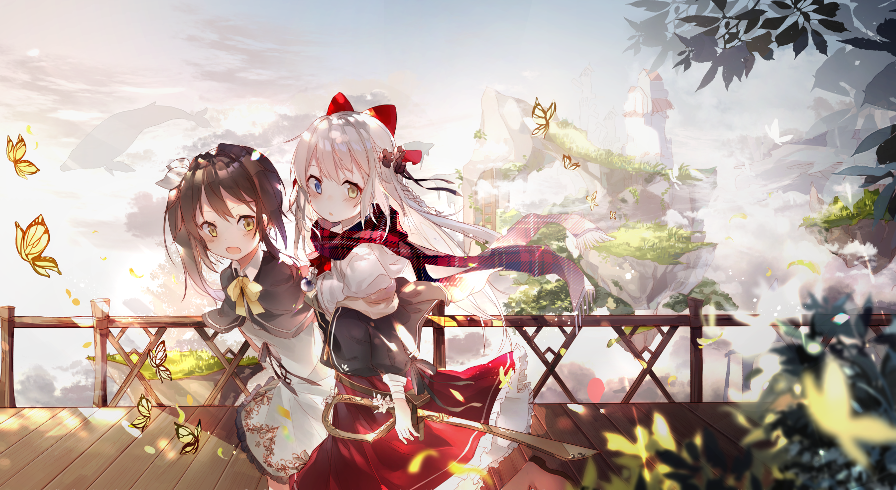 Two anime girls with butterflies and floating islands HD Wallpaper