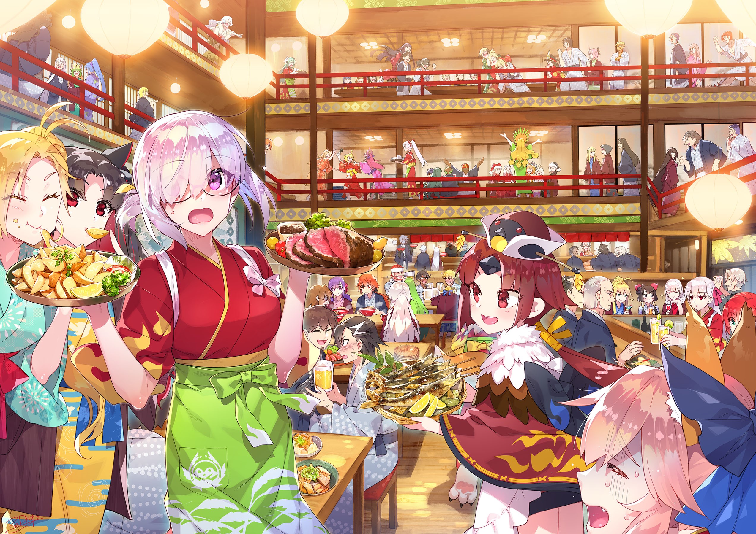 Anime characters celebrating at a Japanese restaurant HD Wallpaper