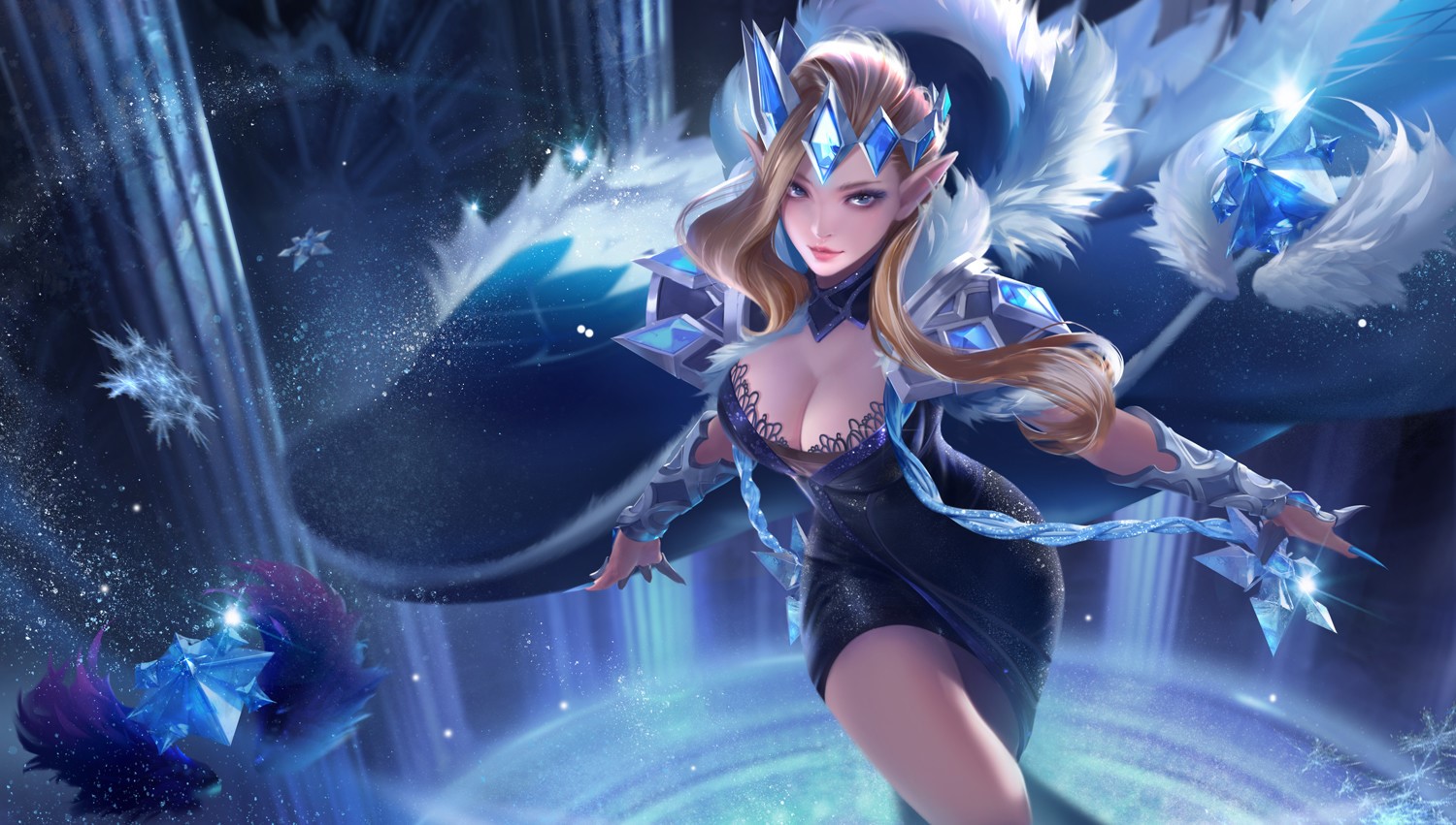 Fantasy woman with blonde hair and blue eyes in a blue dress HD Wallpaper