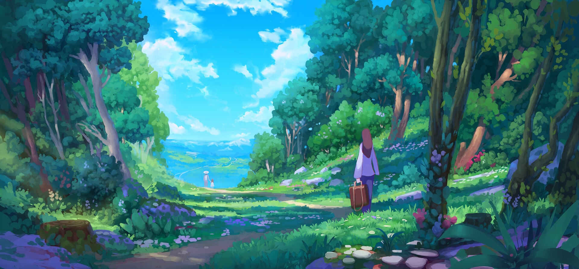 Artwork by Denis Istomin: A person walks through a forest towards mountains HD Wallpaper