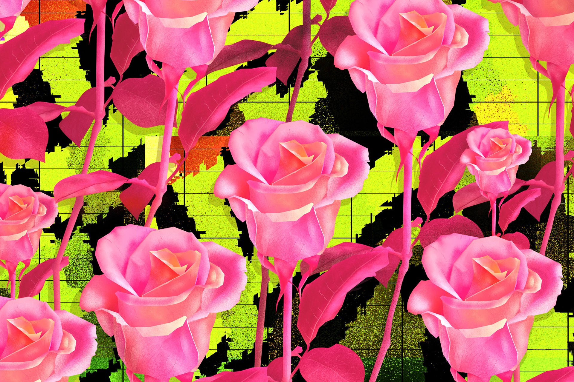 Pink roses on a neon green and black background HD Wallpaper