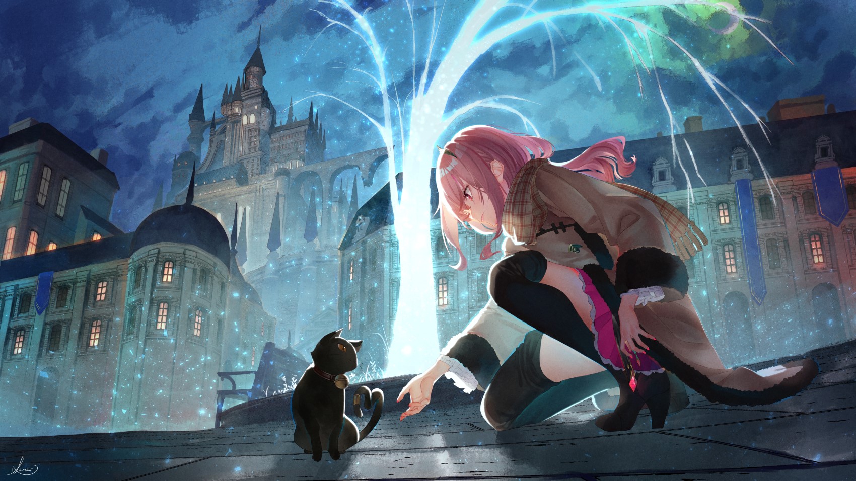 Anime girl with pink hair and black cat in front of castle HD Wallpaper