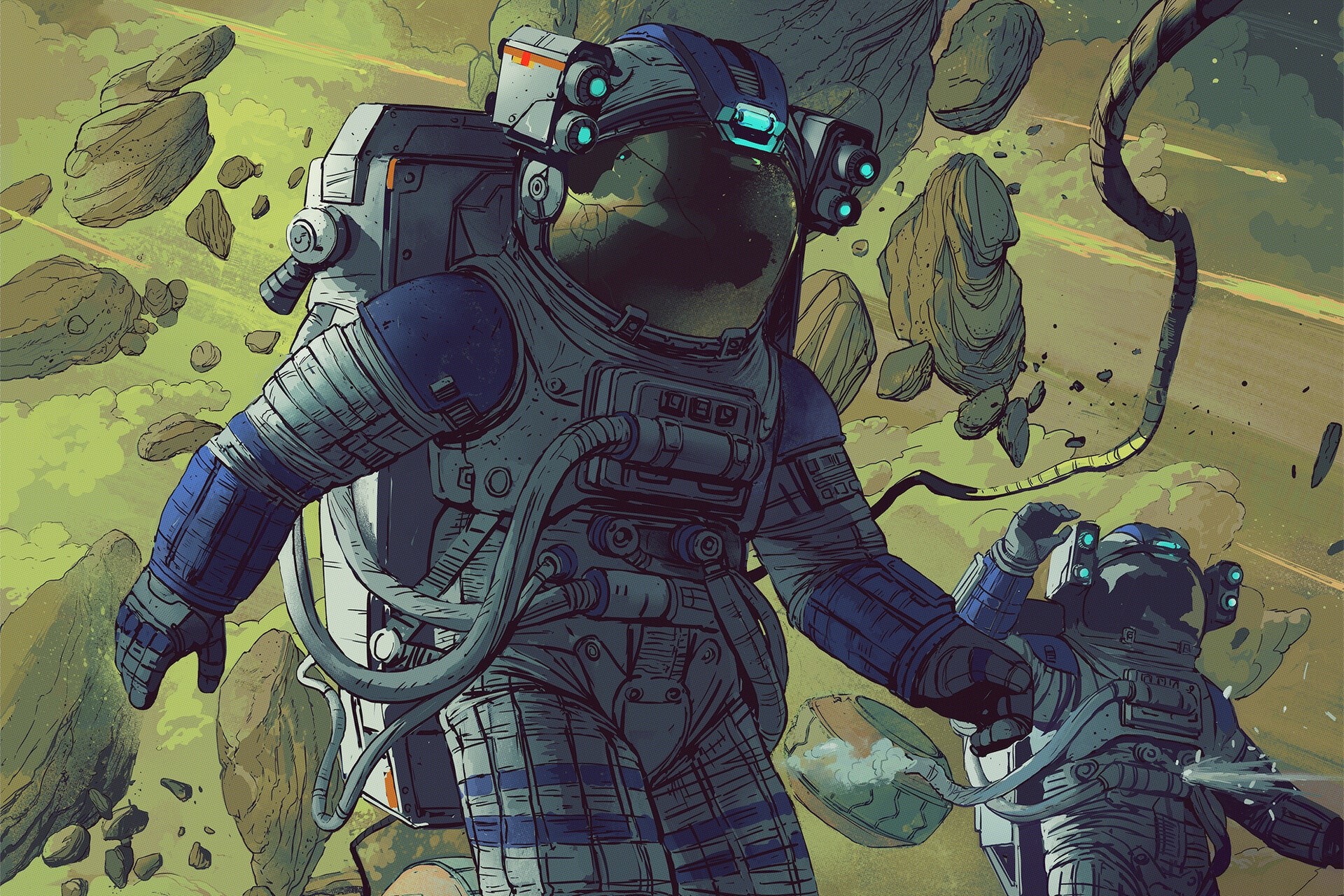 Astronauts floating in space among asteroids HD Wallpaper