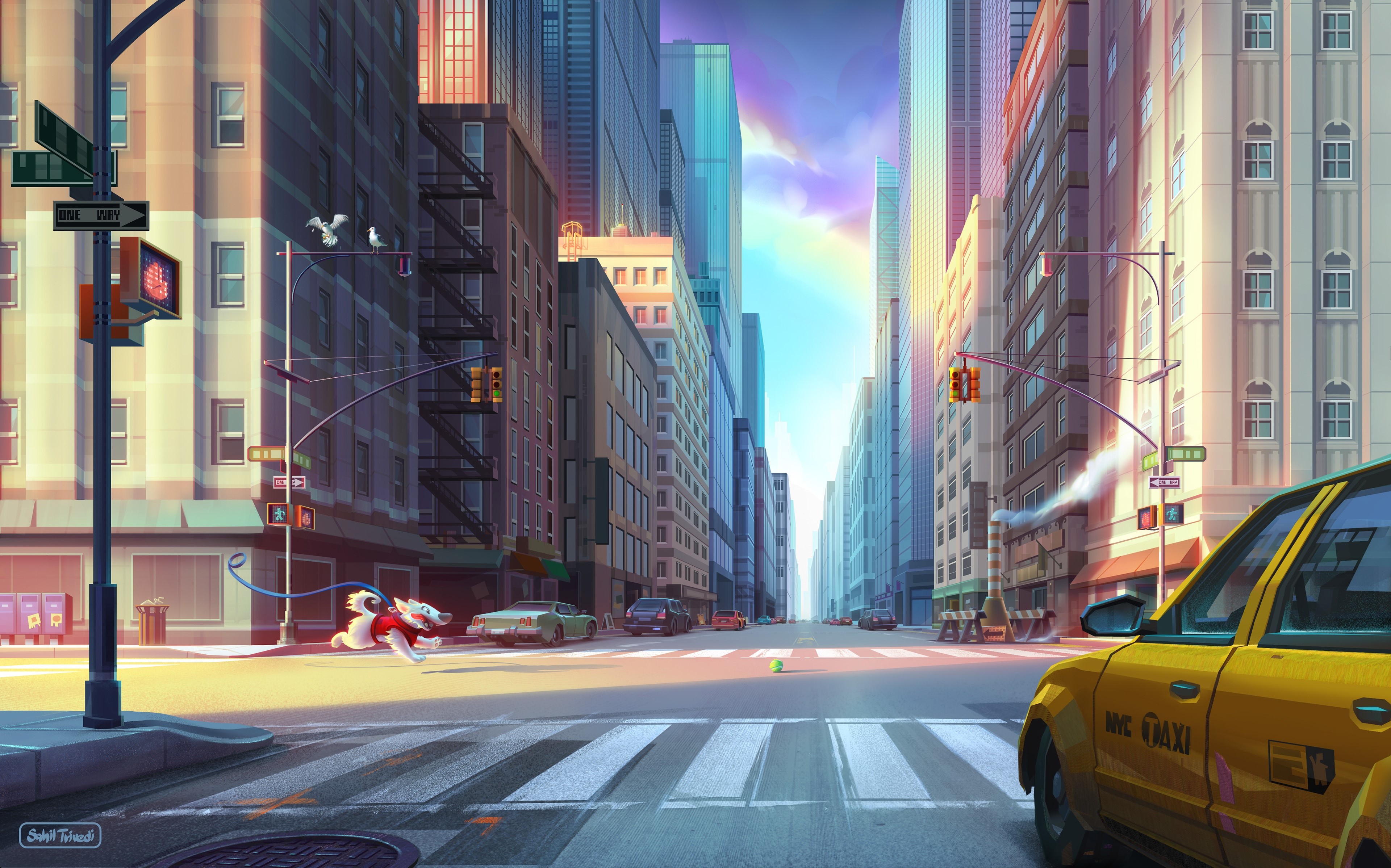 Cityscape with Dog and Taxi in New York City HD Wallpaper