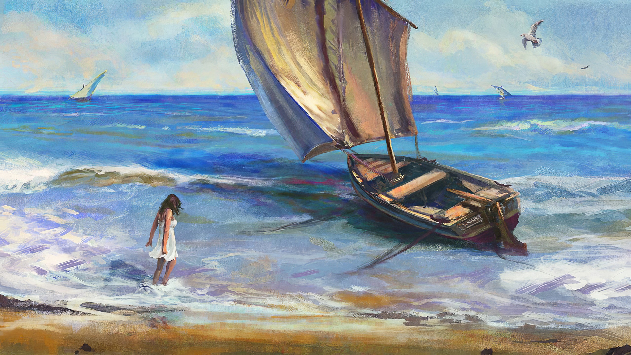 Woman walking by a sailboat on the sea HD Wallpaper