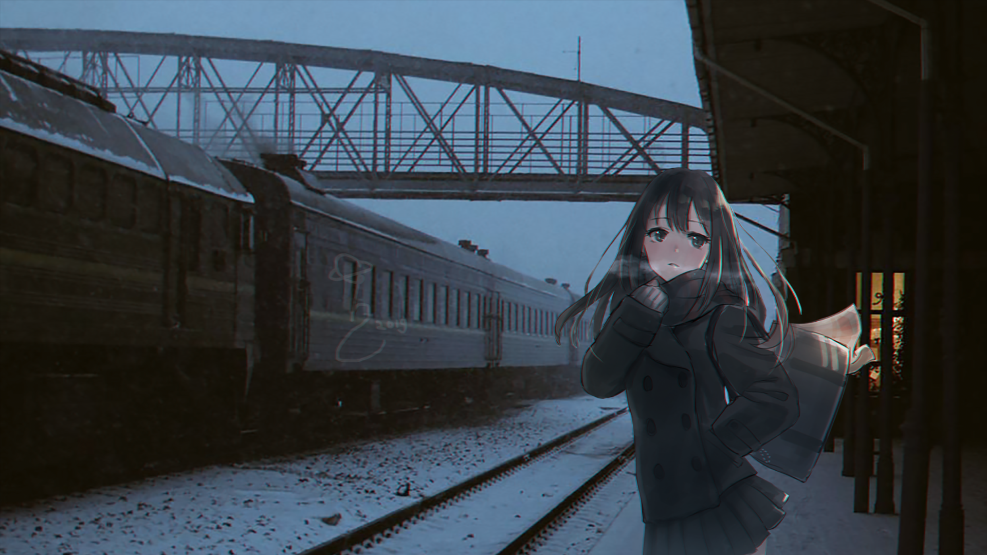 Anime girl waiting at a snowy train station HD Wallpaper