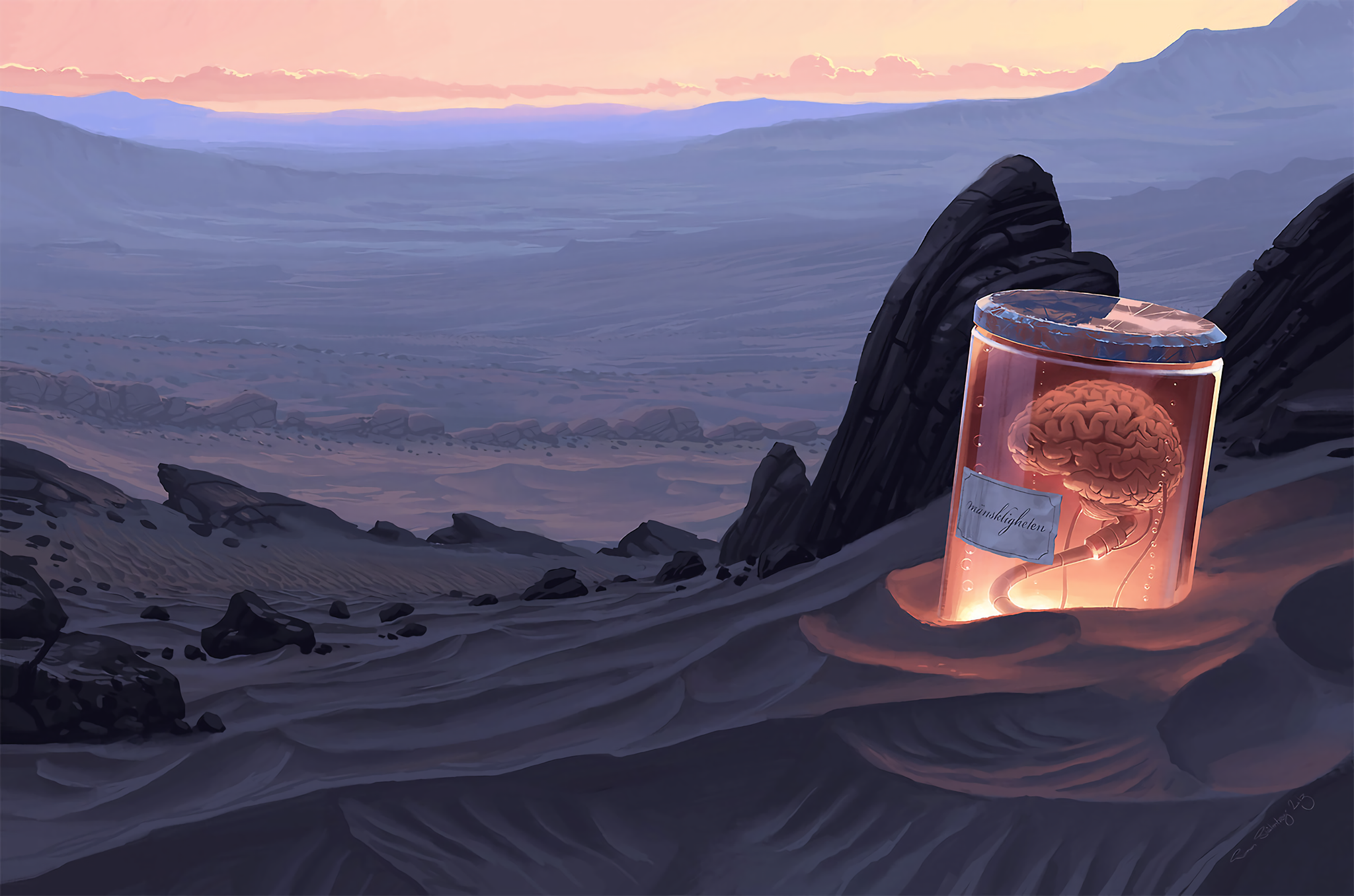 Brain in a jar in a desert landscape by Simon Stålenhag HD Wallpaper