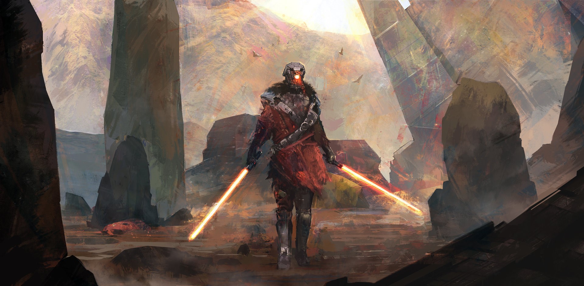 Sith warrior with two lightsabers in a rocky landscape HD Wallpaper