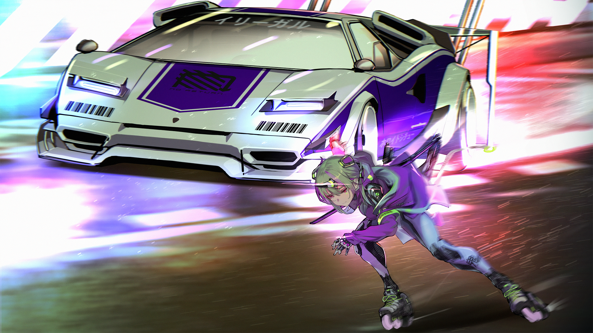 Anime girl rollerblading next to a Lamborghini Countach HD Wallpaper