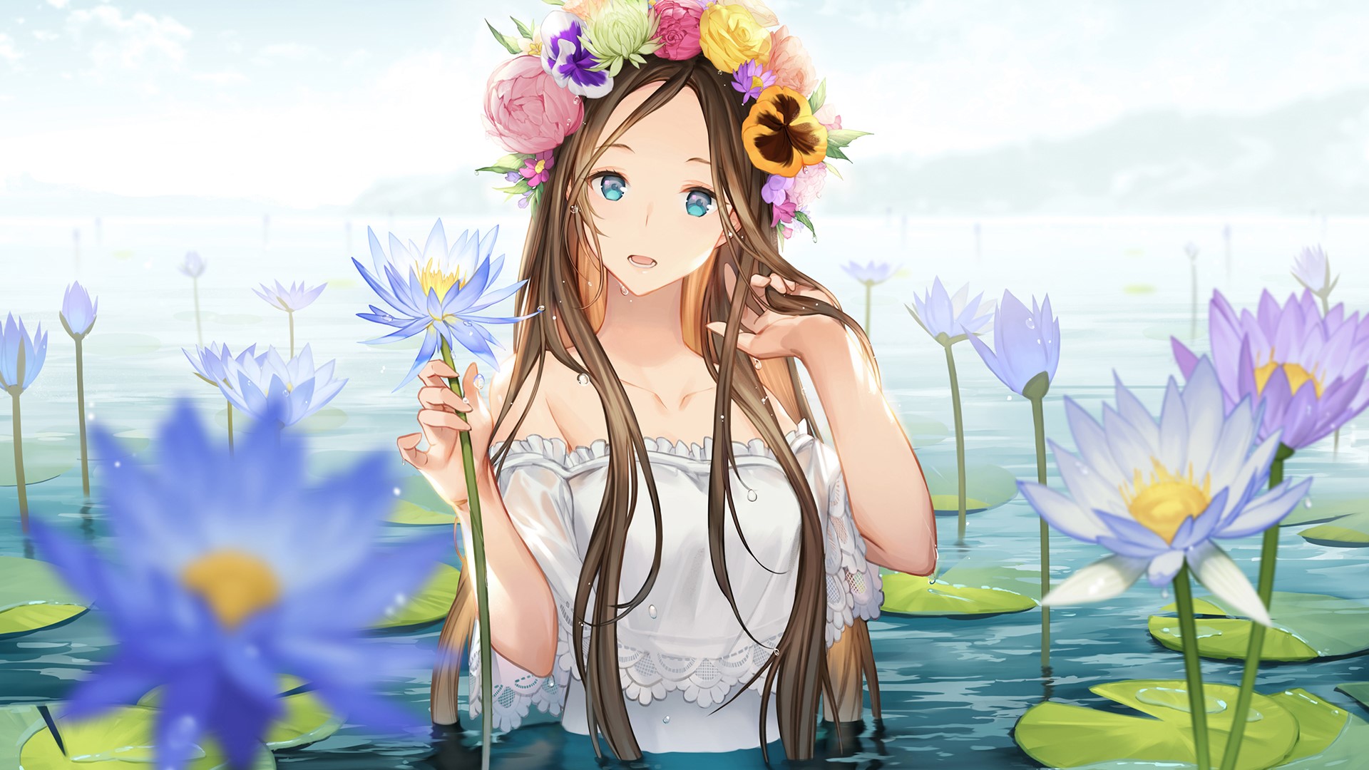 Girl with flower crown in a water lily pond HD Wallpaper