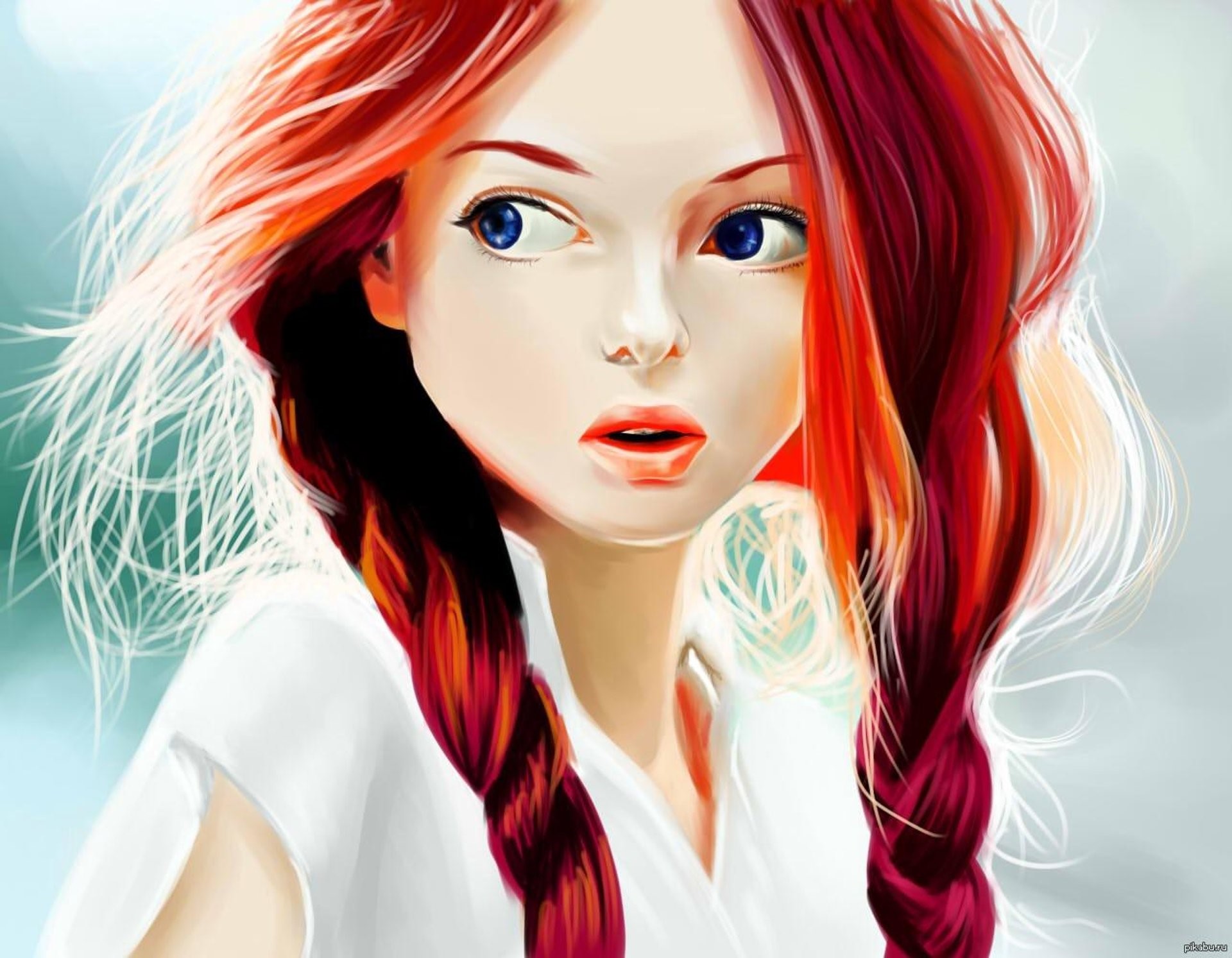 Digital painting of a redhead girl with blue eyes HD Wallpaper