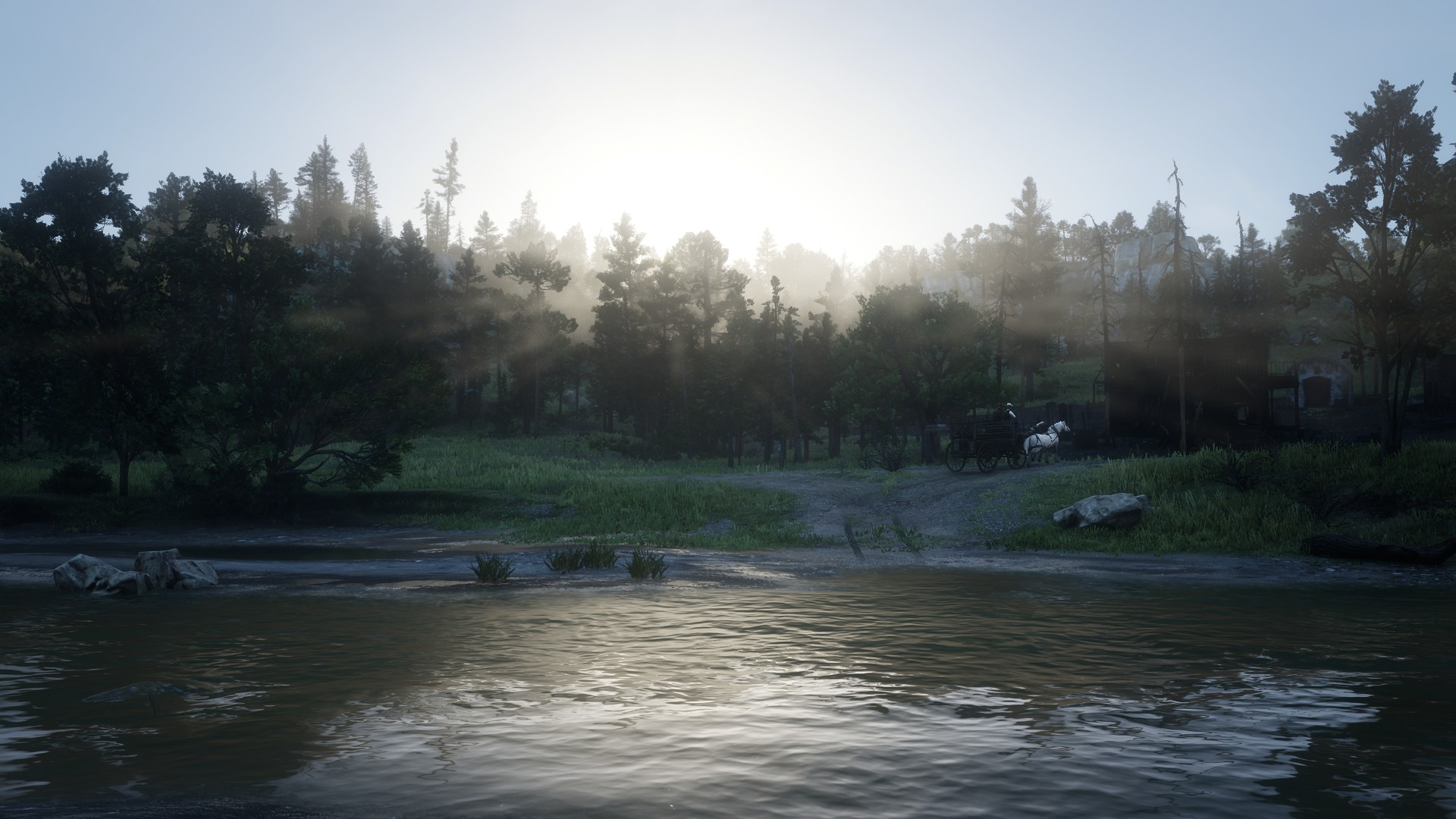 Red Dead Redemption 2 screenshot of a horse-drawn carriage by a lake HD Wallpaper