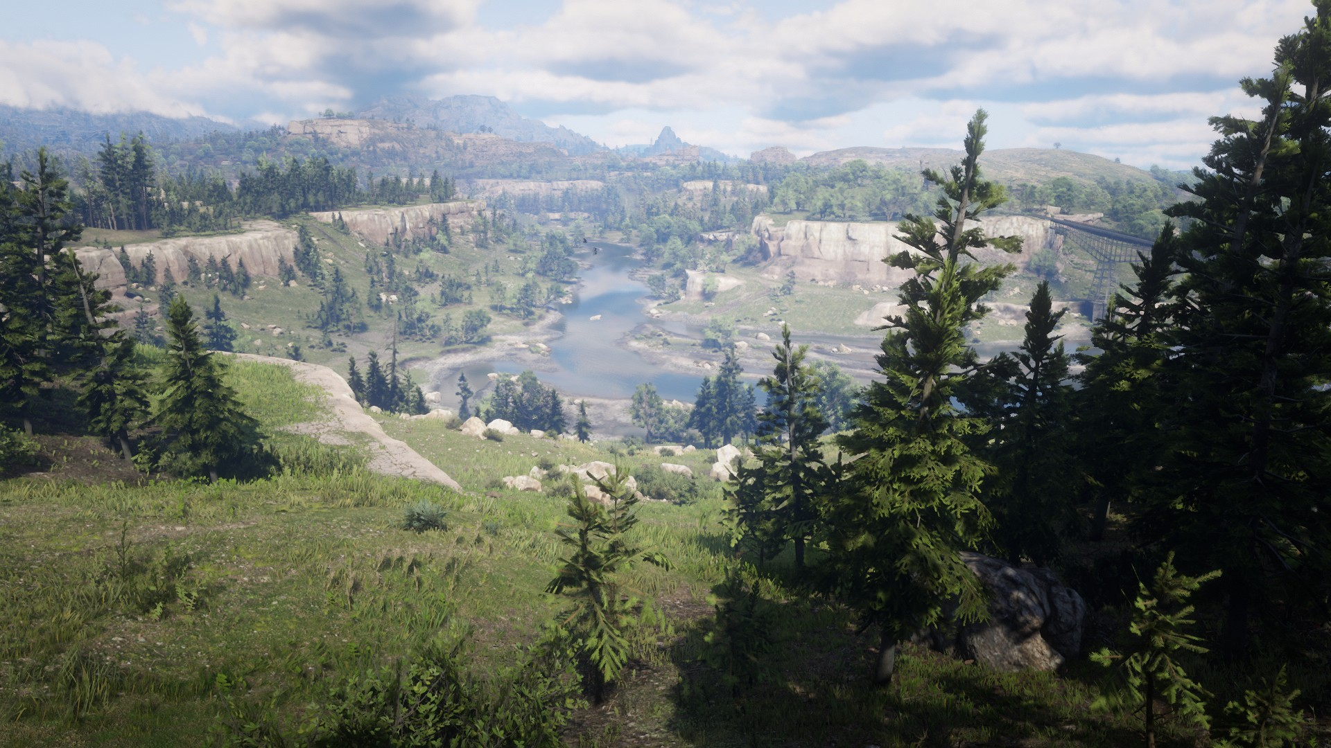 Red Dead Redemption 2 landscape with river and train bridge HD Wallpaper