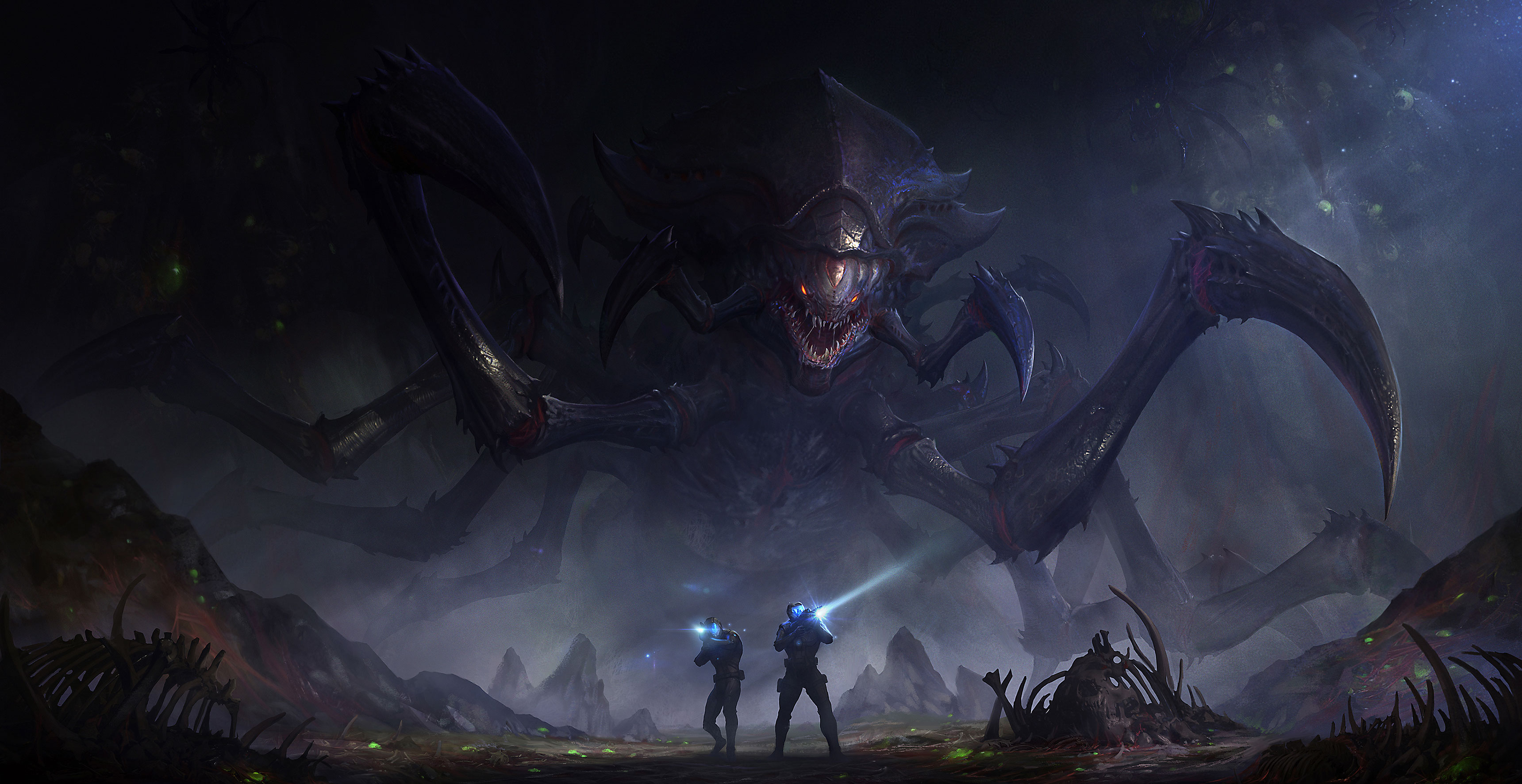 Giant alien creature confronts two soldiers HD Wallpaper