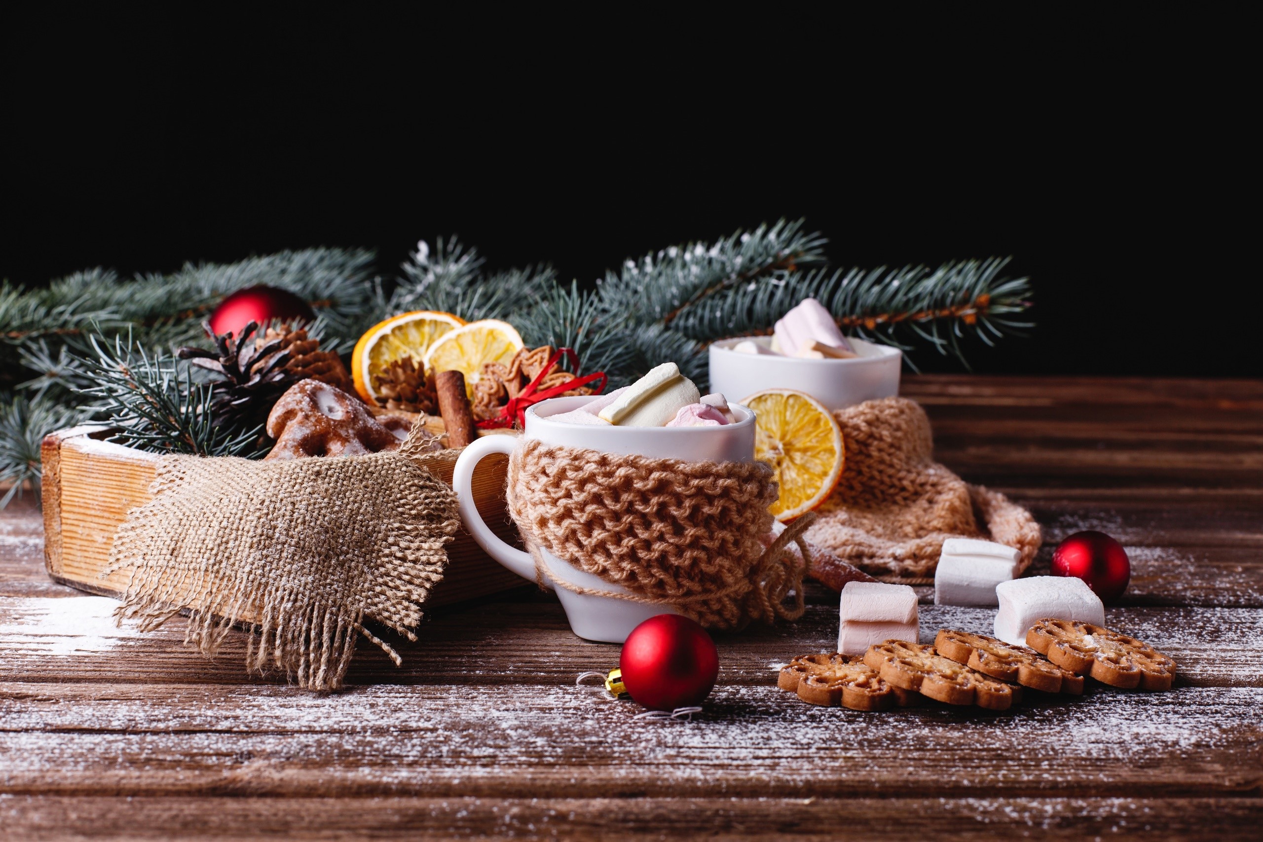Christmas hot chocolate with marshmallows and cookies HD Wallpaper