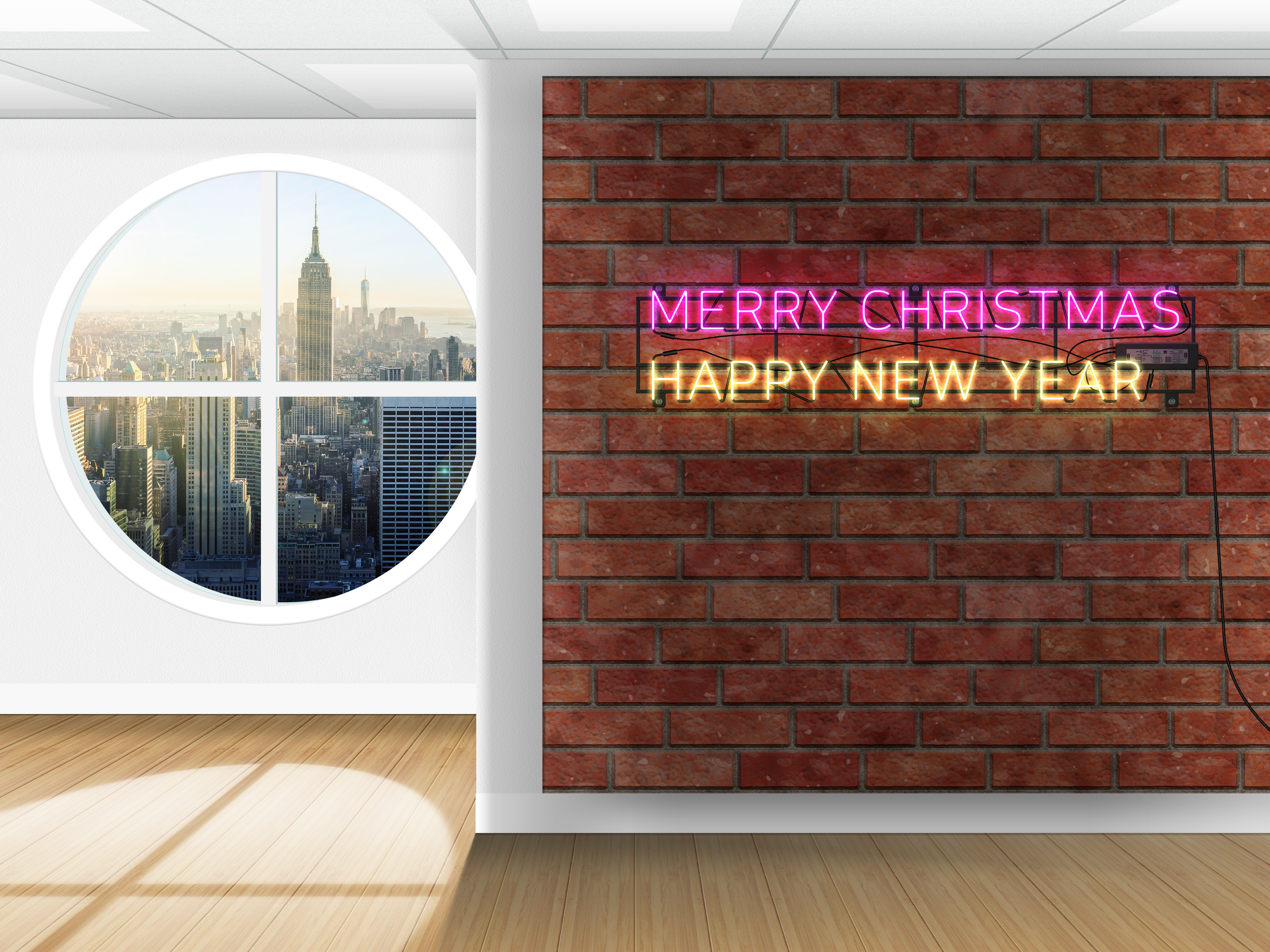 Neon Merry Christmas Happy New Year sign in office with round window HD Wallpaper
