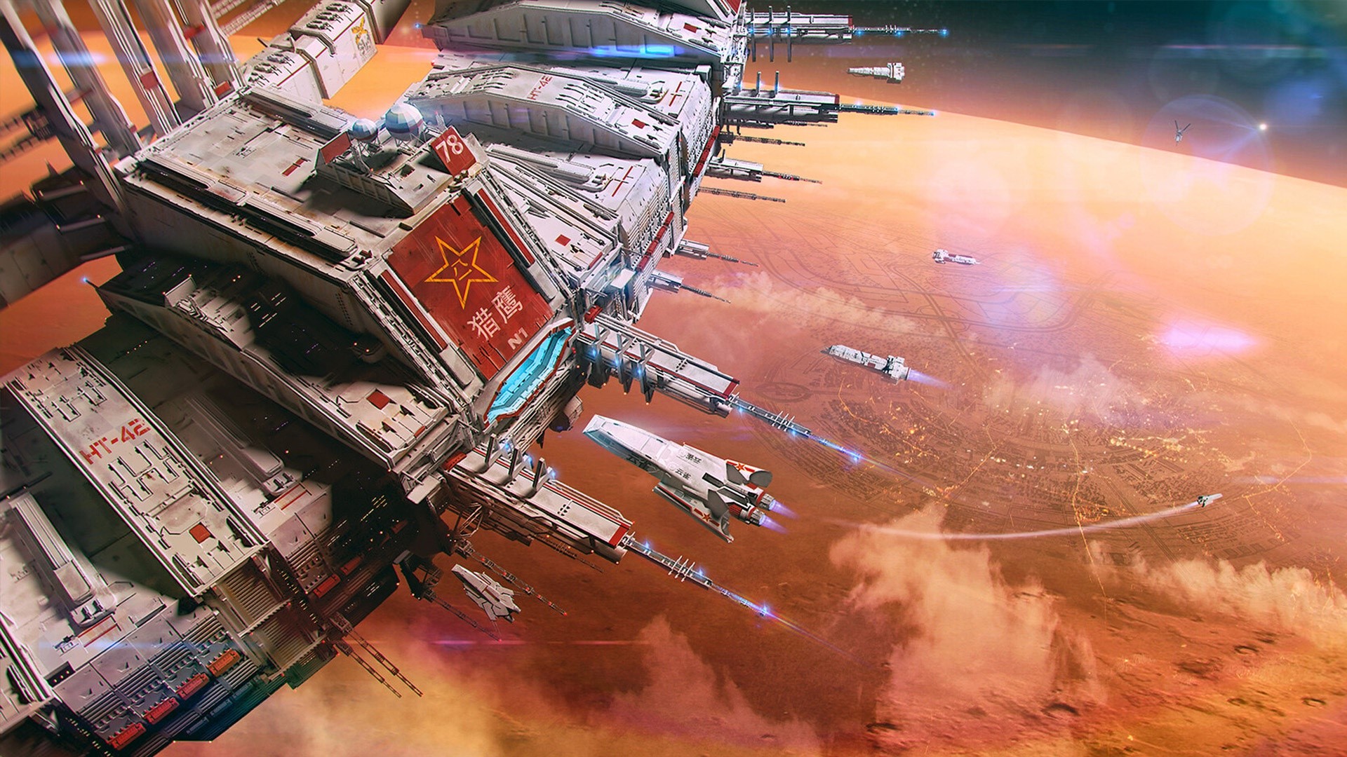 Science fiction artwork of a large spaceship and smaller craft HD Wallpaper