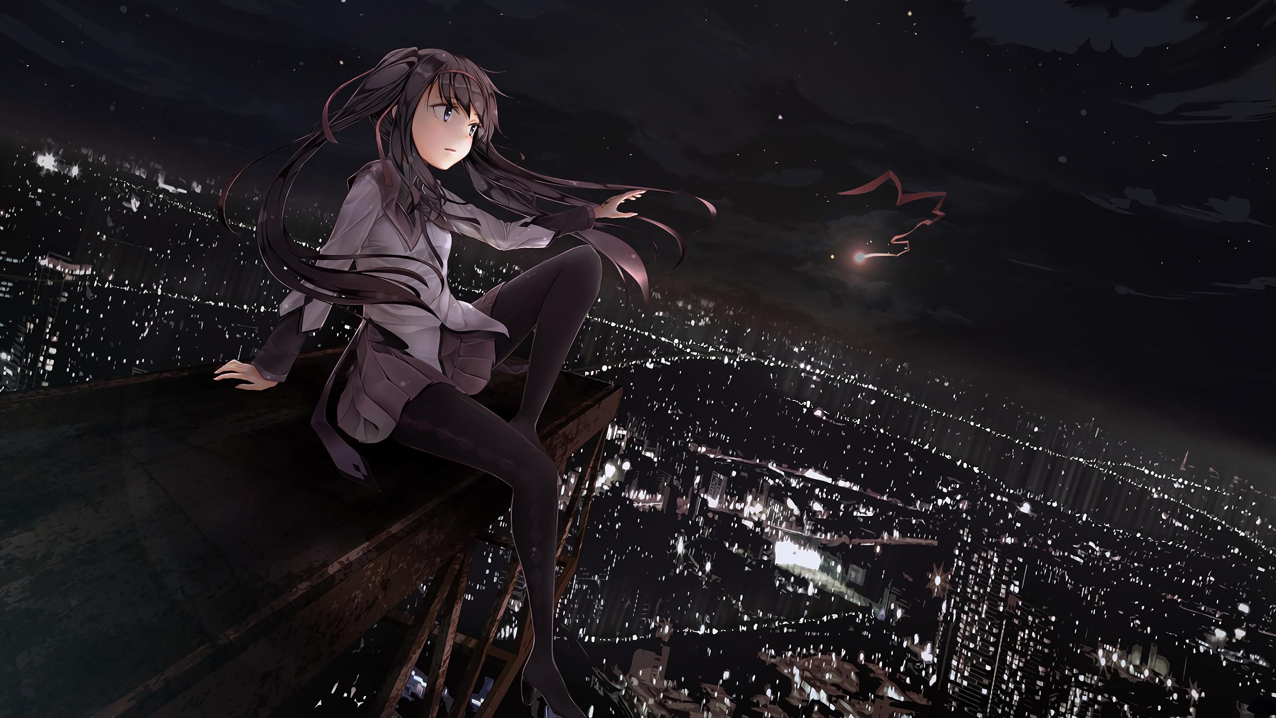 Akemi Homura from Mahou Shoujo Madoka Magica sitting on a rooftop at night HD Wallpaper