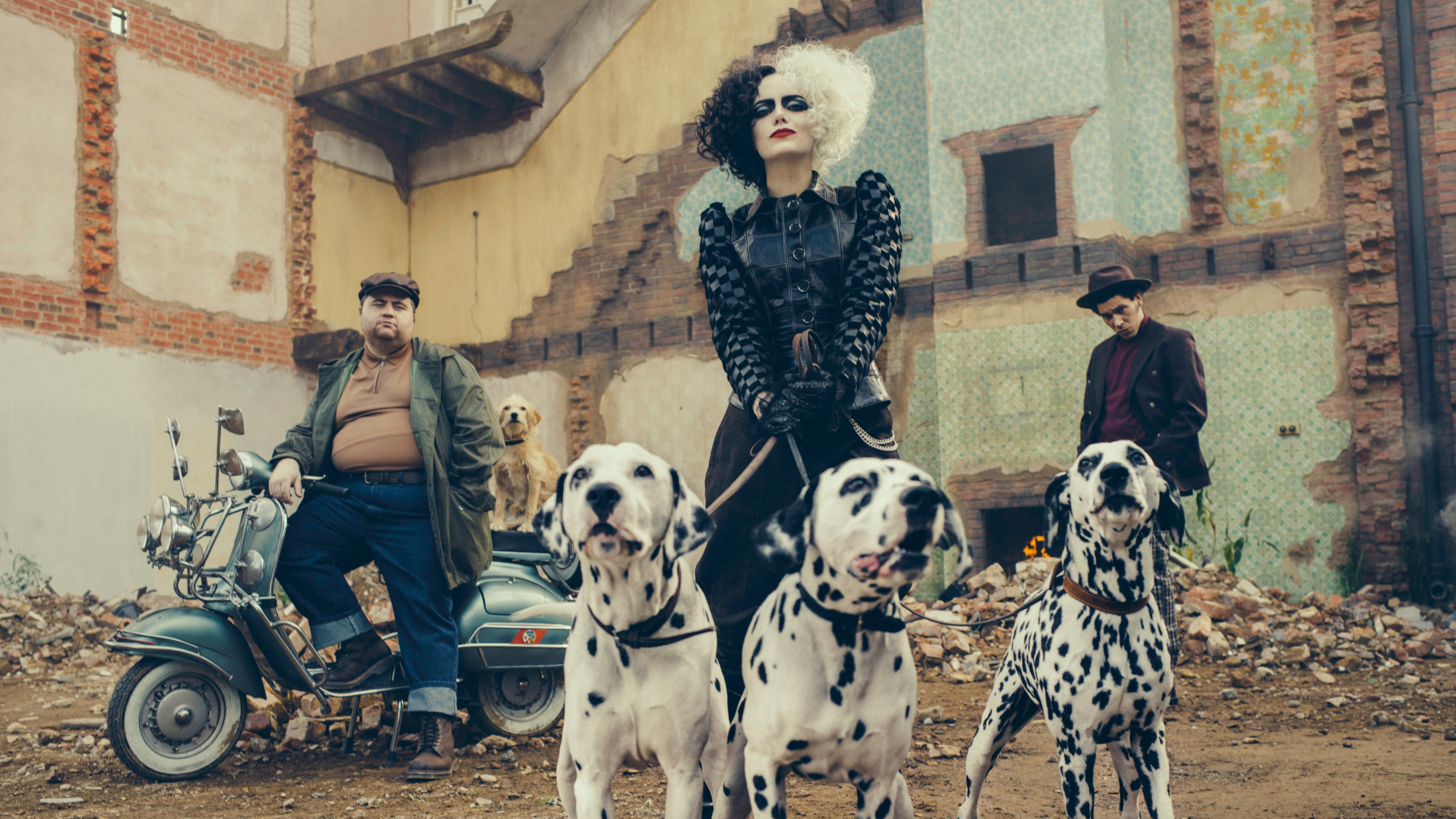 Cruella with Dalmatians and henchmen HD Wallpaper