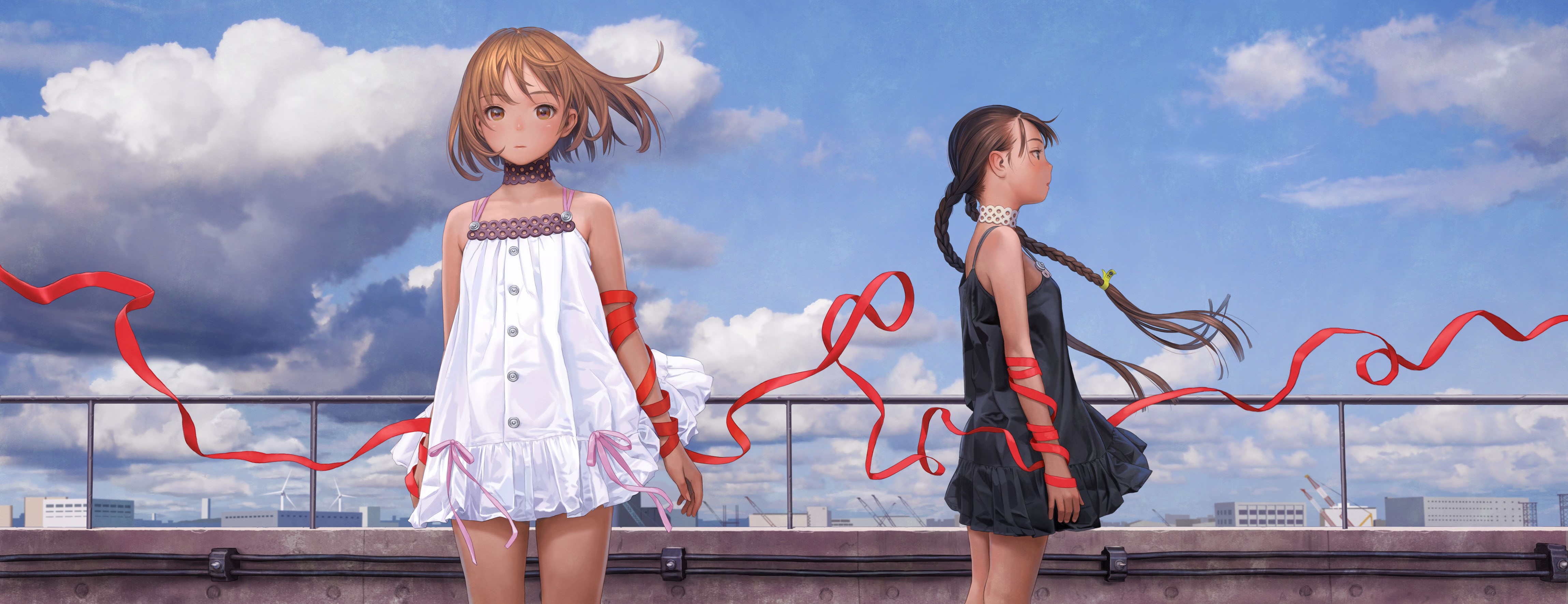 Anime girls with ribbons on a rooftop HD Wallpaper