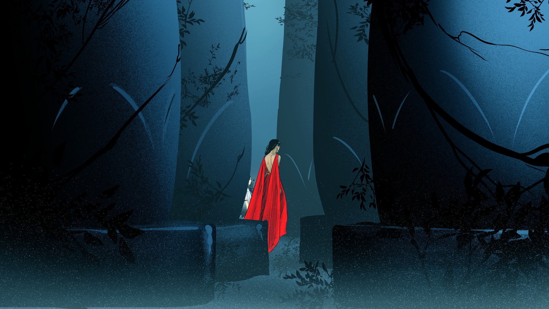 Woman in red dress in a dark forest HD Wallpaper