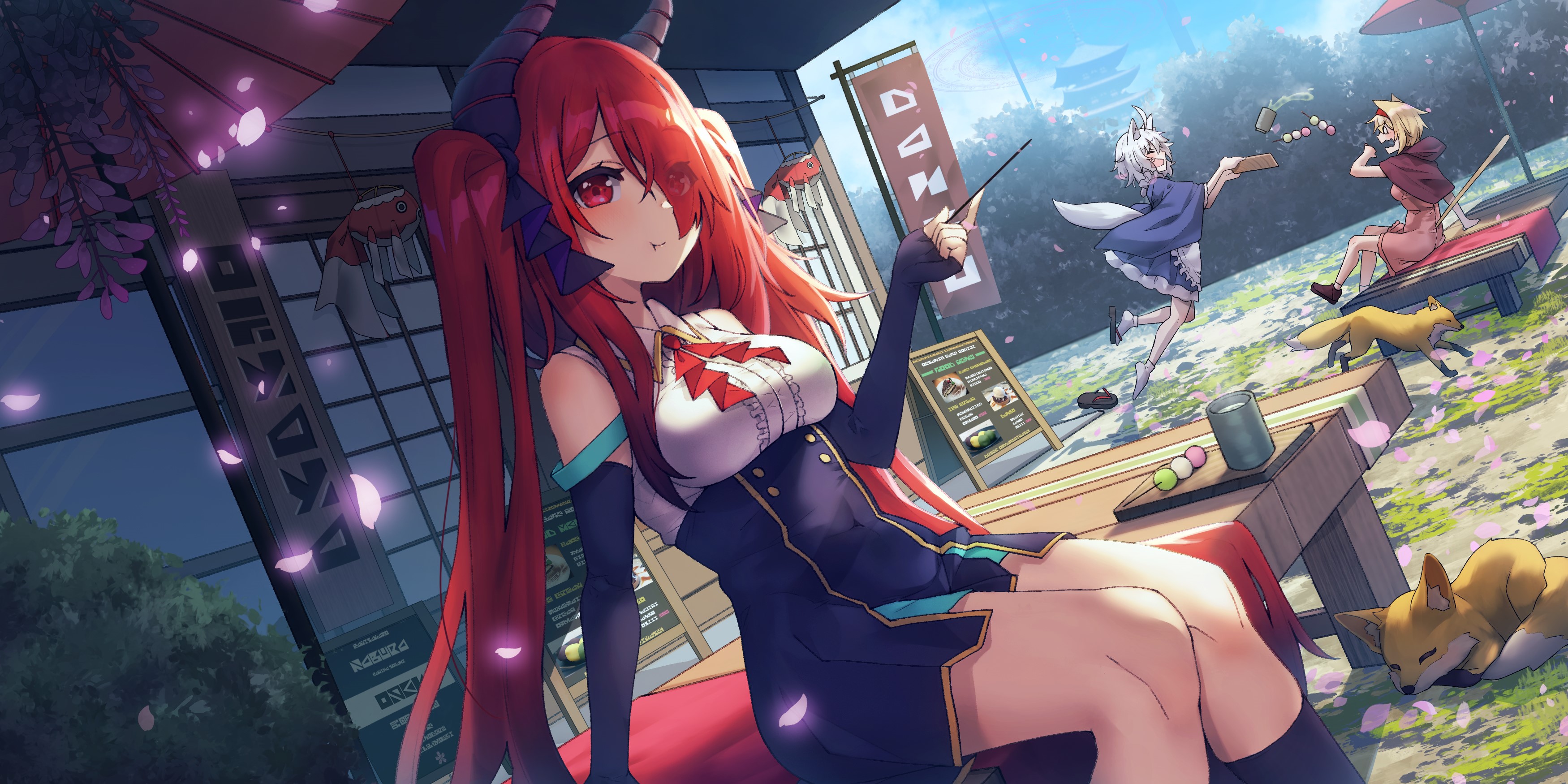 Anime girl with red twintails and horns at a cafe HD Wallpaper