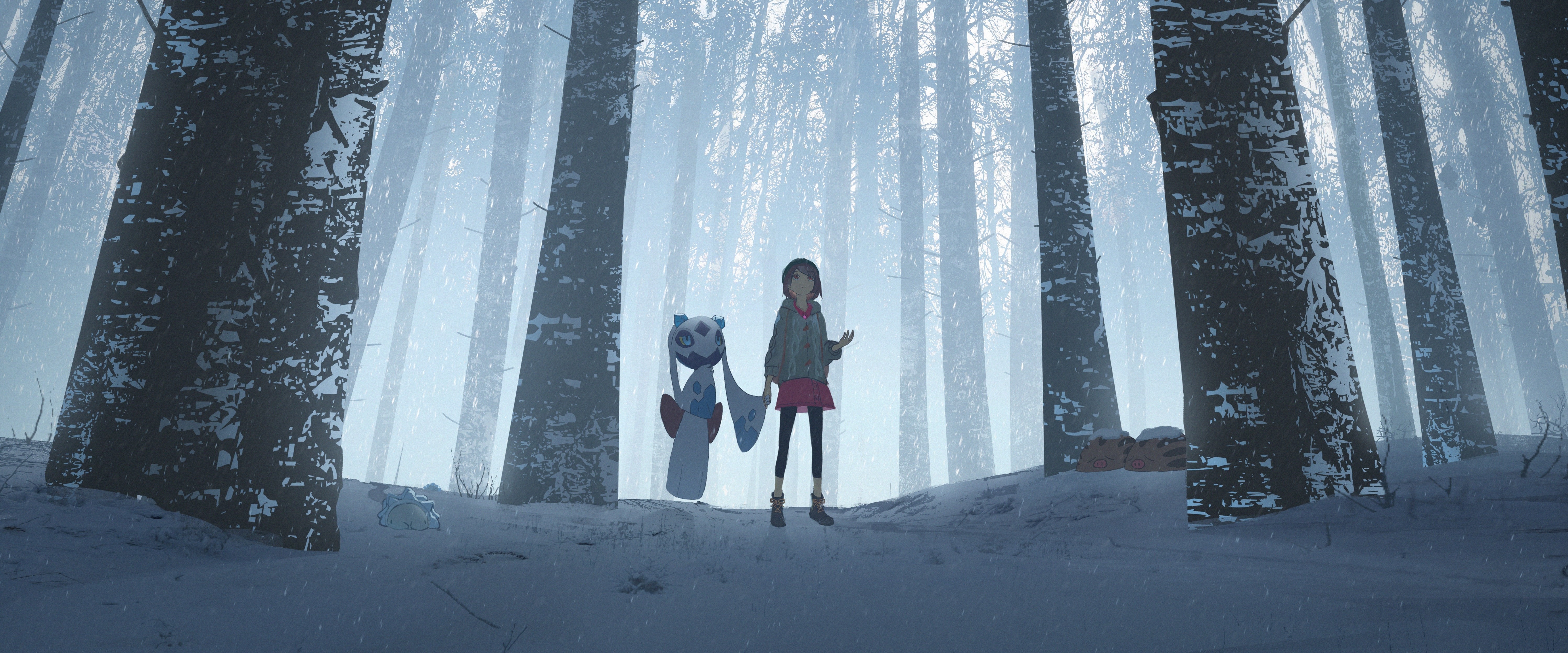 Anime girl with Froslass in a snowy forest HD Wallpaper
