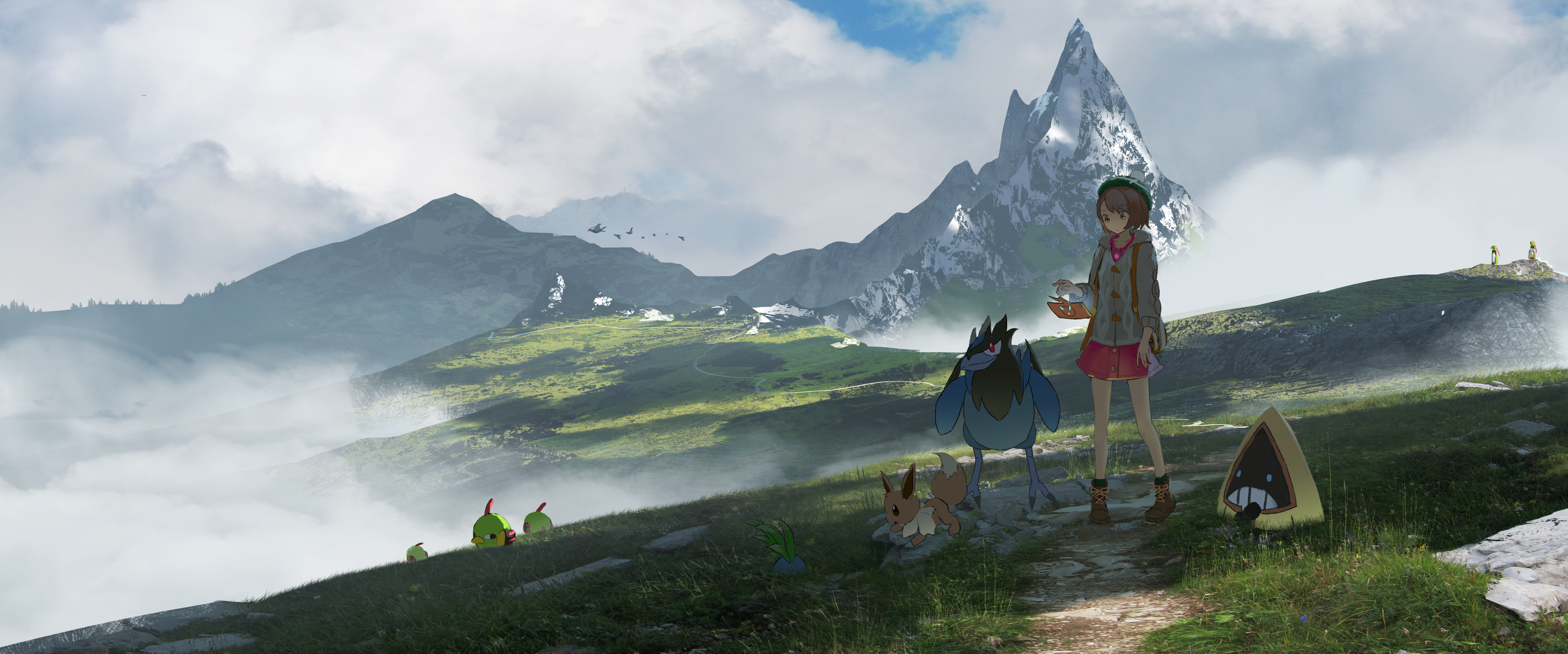 4K artwork of Gloria and Pokémon in mountains HD Wallpaper