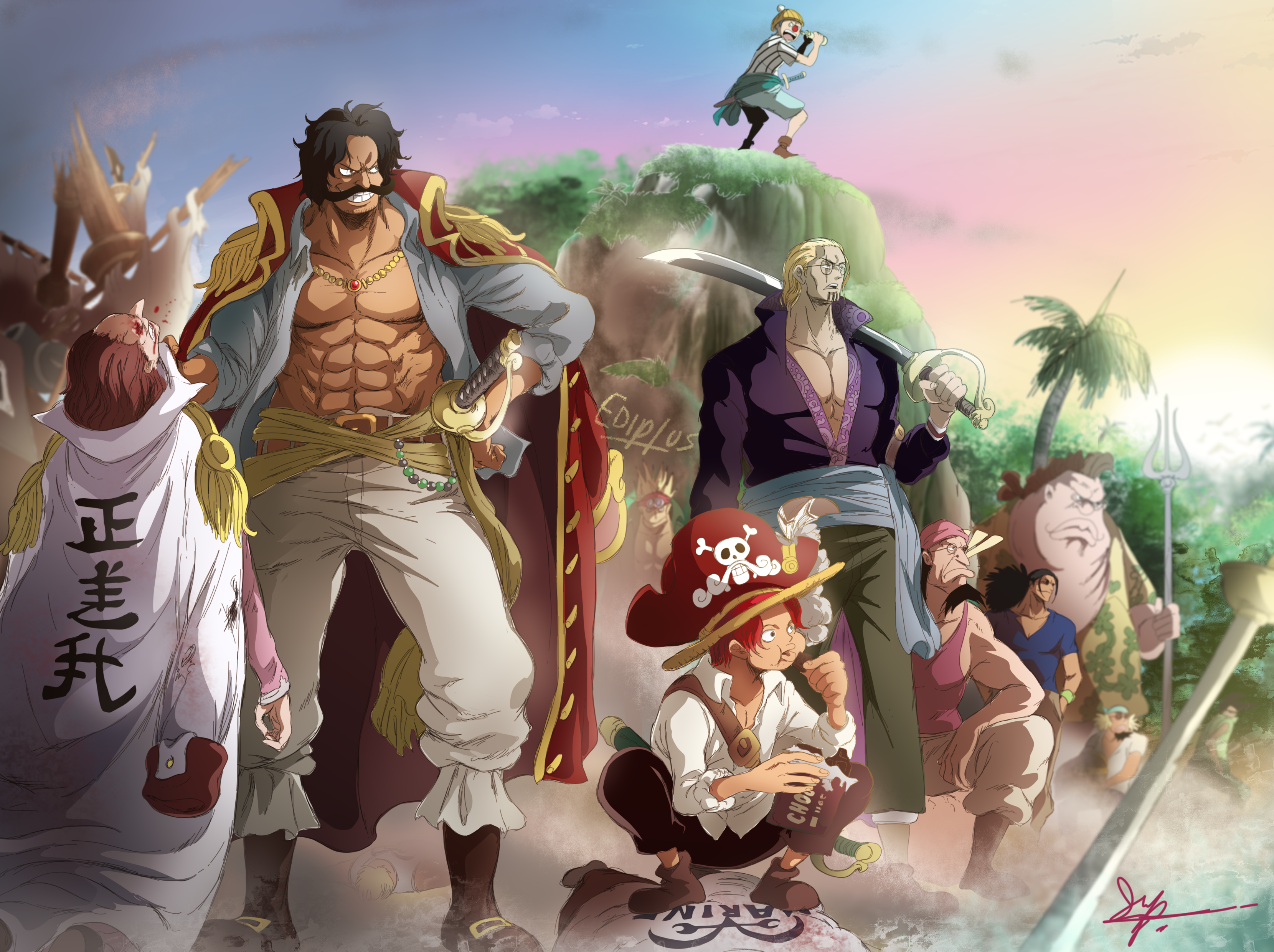 One Piece: Roger, Rayleigh, Shanks, and Buggy HD Wallpaper