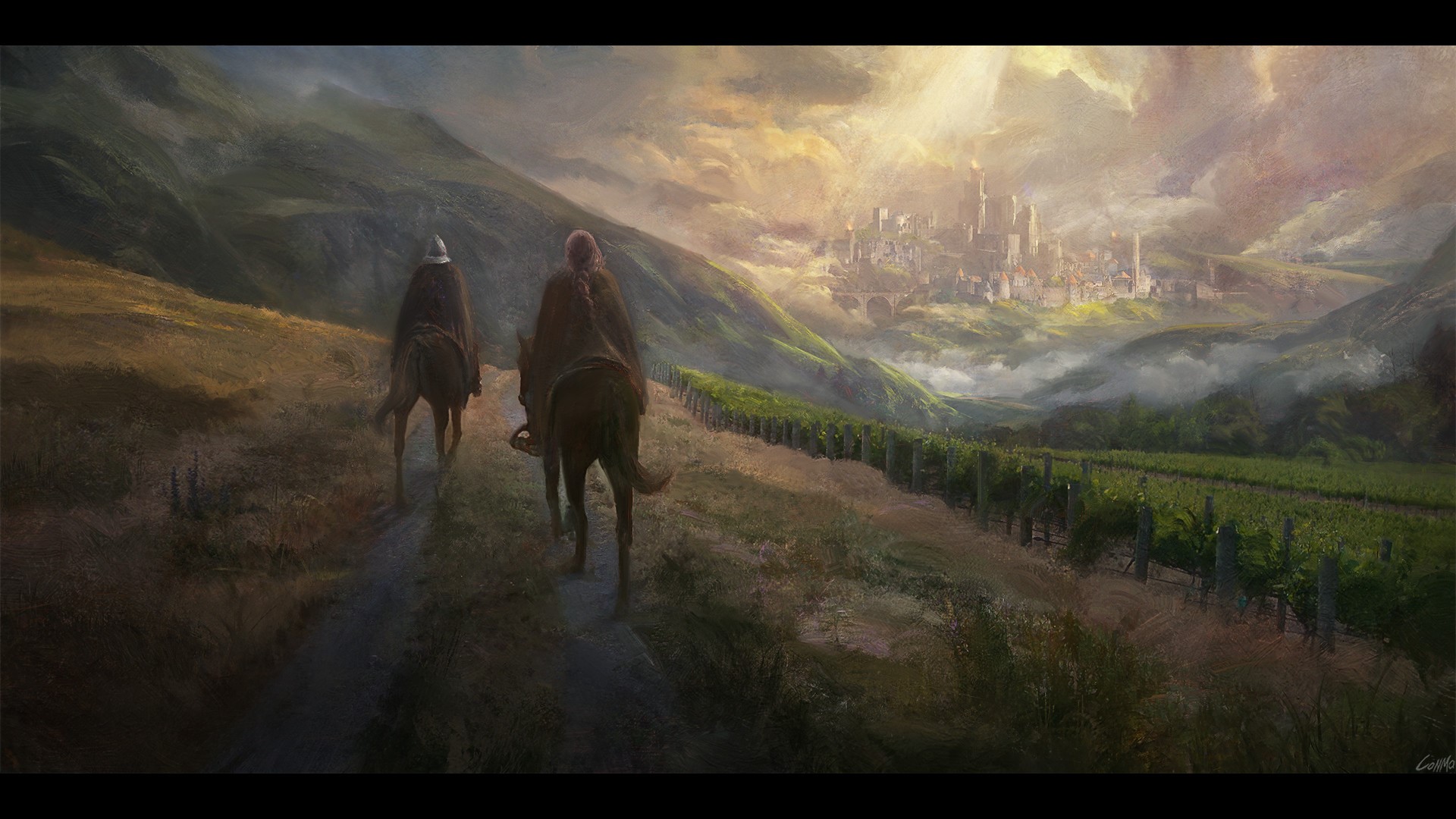 Two people on horseback approaching a fantasy city HD Wallpaper