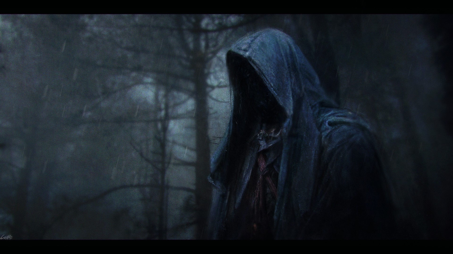 Figure in a hood in a dark forest HD Wallpaper
