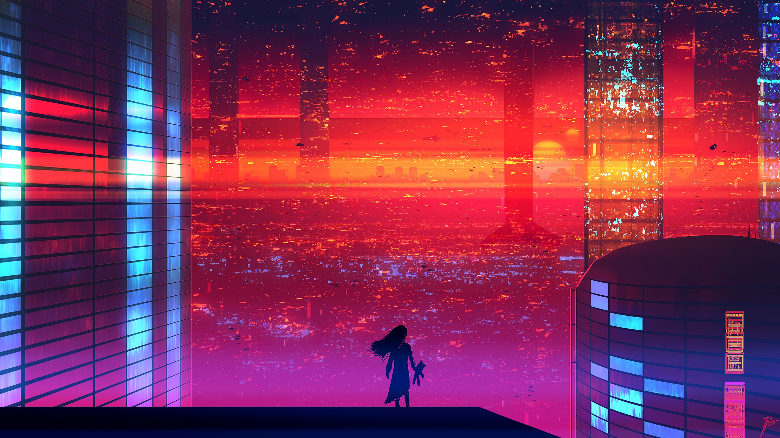 Futuristic cityscape at sunset with a girl holding a teddy bear HD Wallpaper