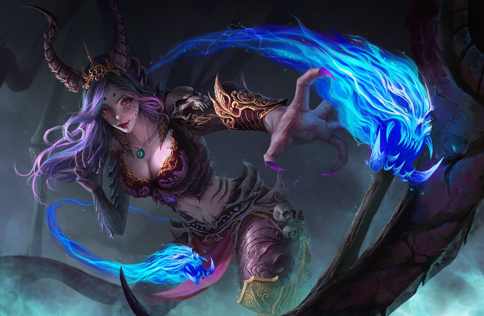 Fantasy girl with horns and blue magic HD Wallpaper