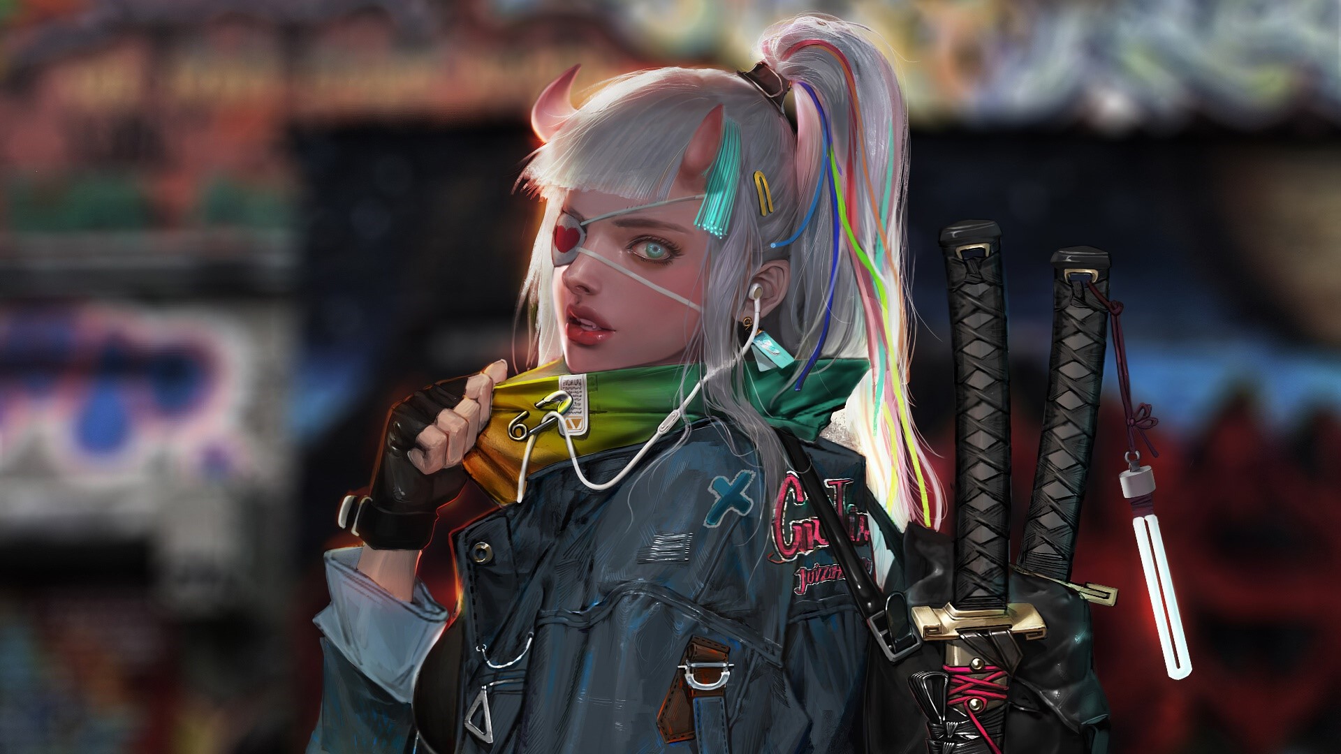 Woman with swords and horns in cyberpunk attire HD Wallpaper
