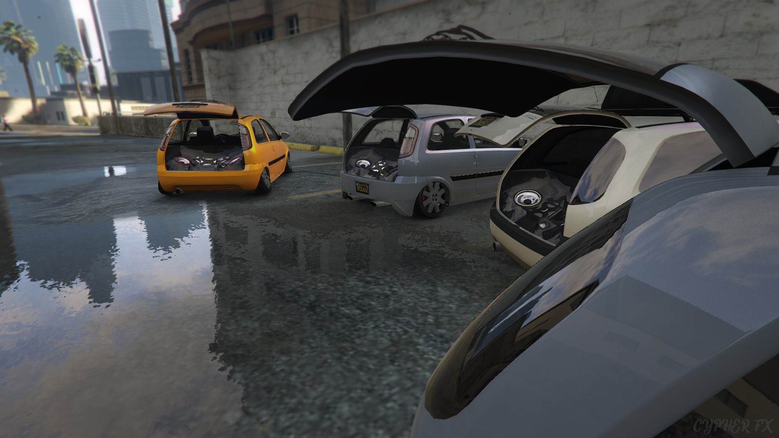 Cars with open trunks in a wet urban environment HD Wallpaper
