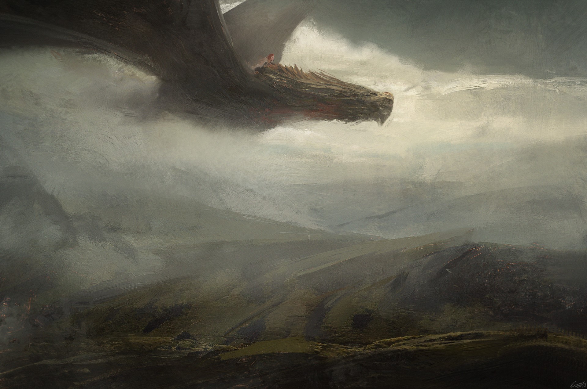 A person rides a dragon over a misty landscape HD Wallpaper
