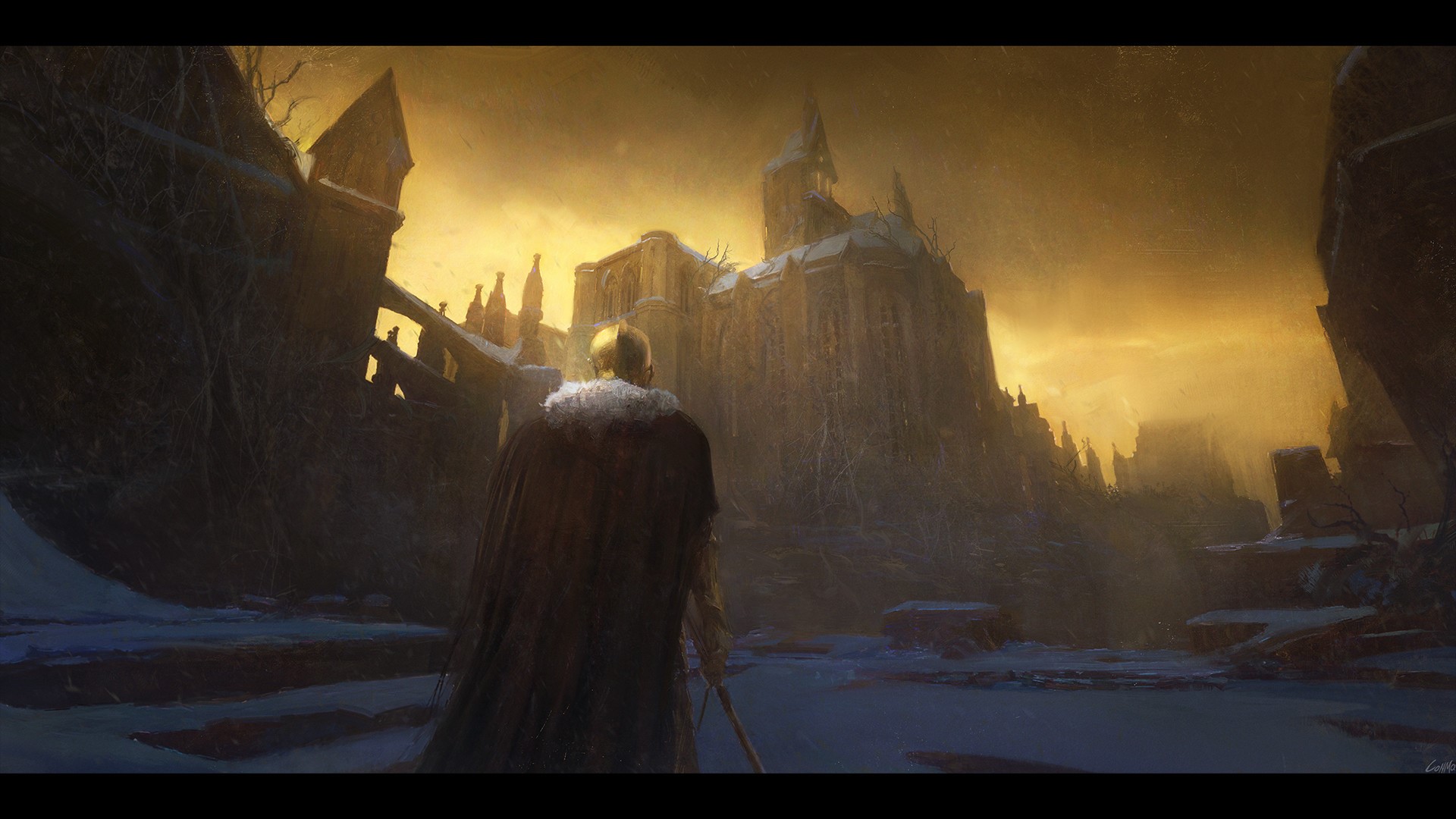 Fantasy art of a lone figure before a ruined castle HD Wallpaper
