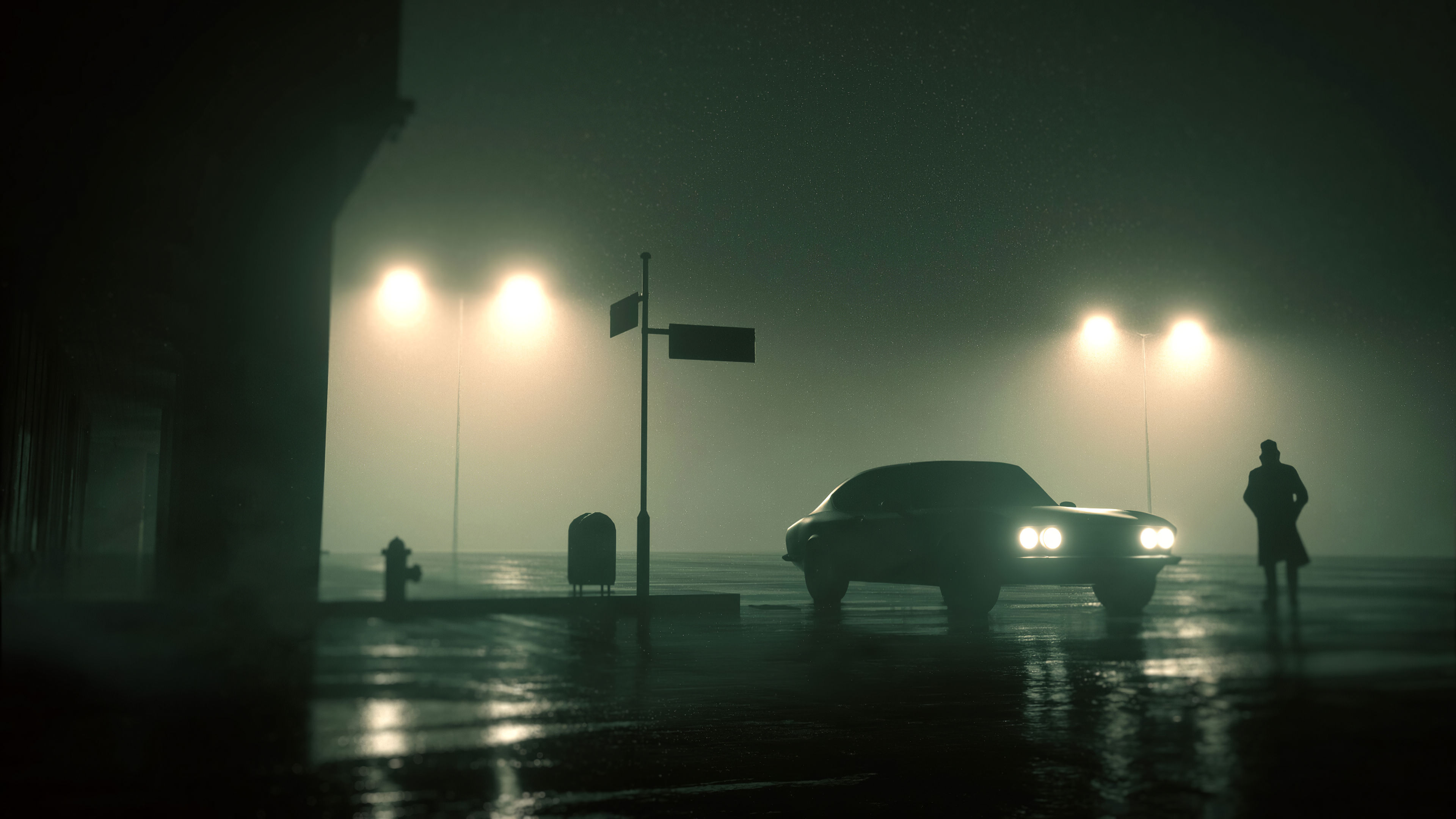 Car and person on a foggy street at night HD Wallpaper