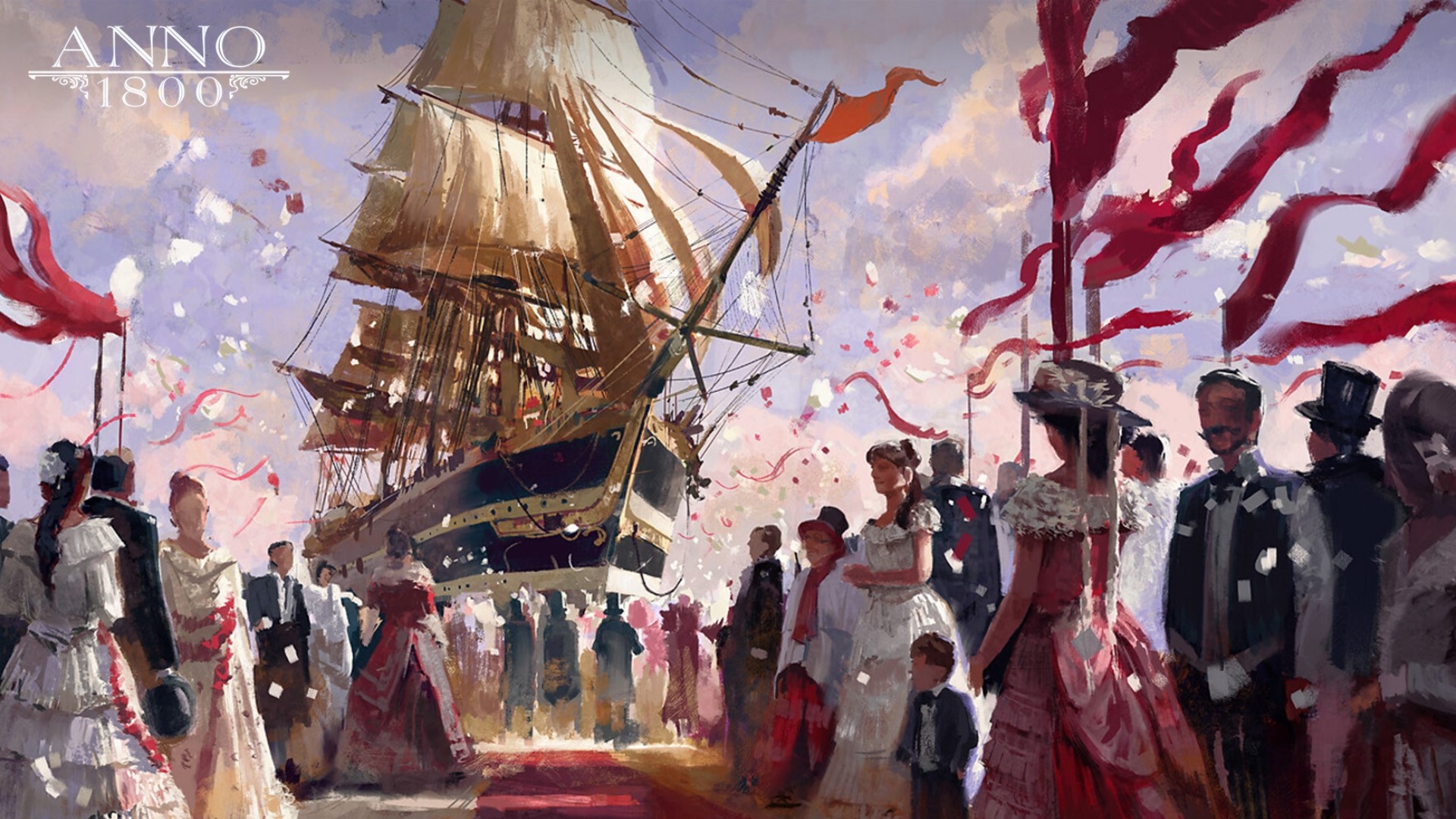 Anno 1800 concept art of a ship and crowds HD Wallpaper