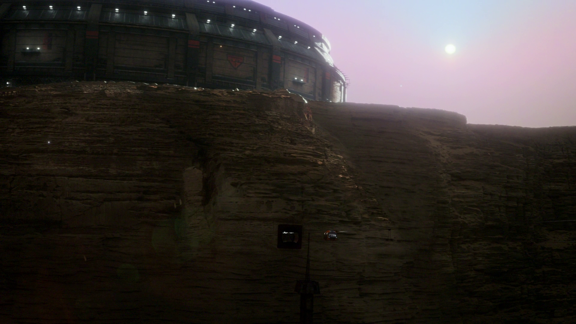 The Expanse: Martian cliff with structure and rover HD Wallpaper