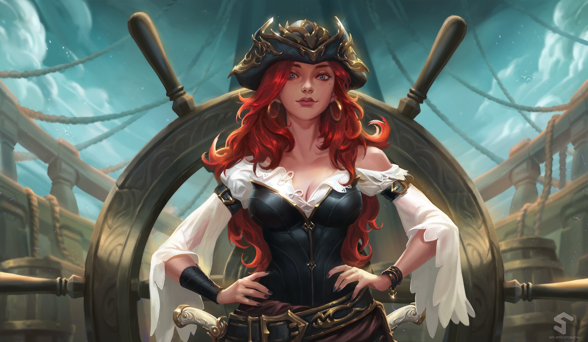 Miss Fortune from League of Legends standing by a ship's wheel HD Wallpaper