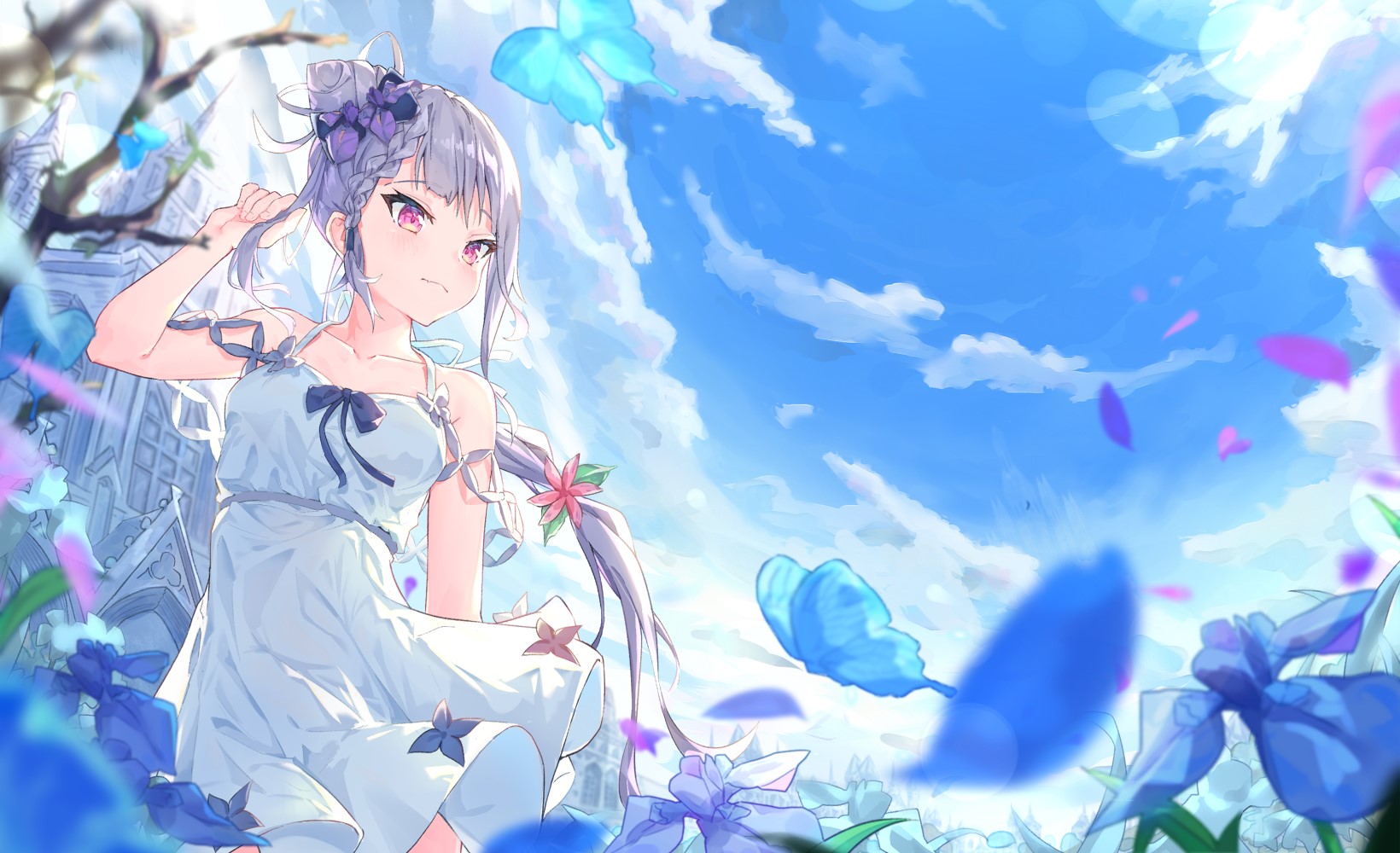 Anime girl with purple hair and pink eyes in a white dress HD Wallpaper