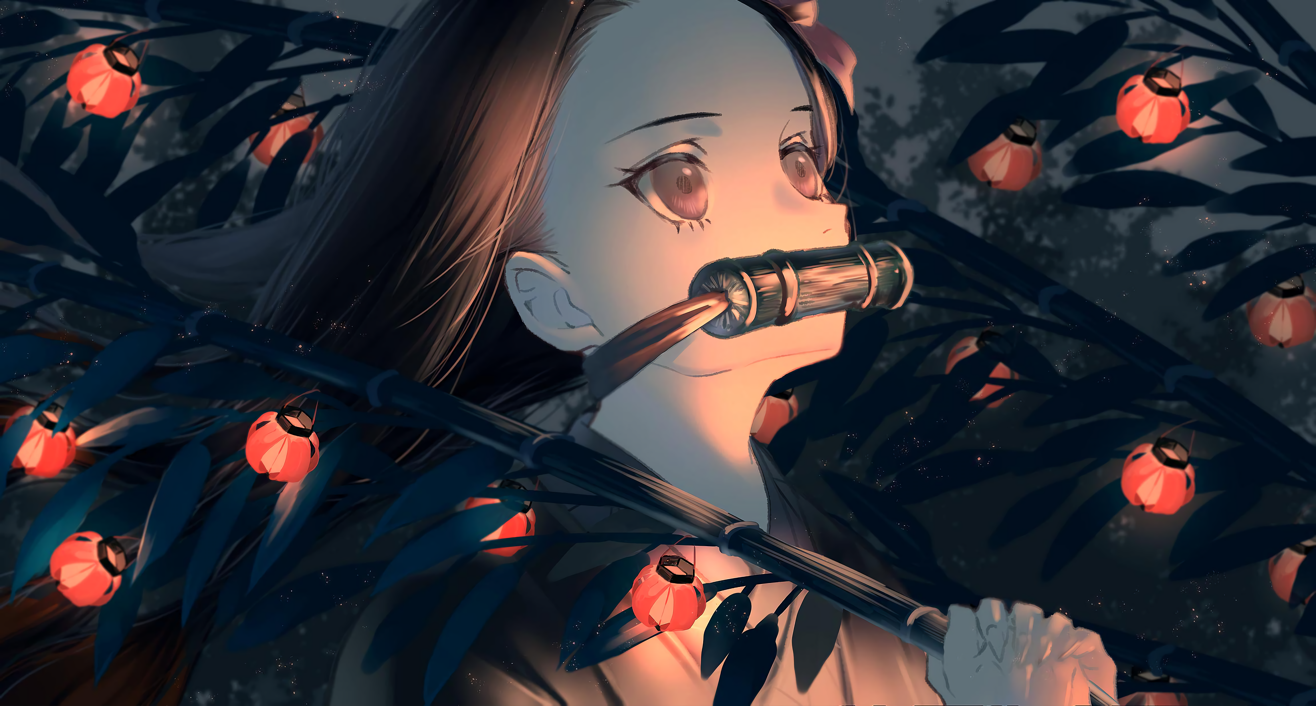 Kamado Nezuko from Kimetsu no Yaiba with lanterns HD Wallpaper