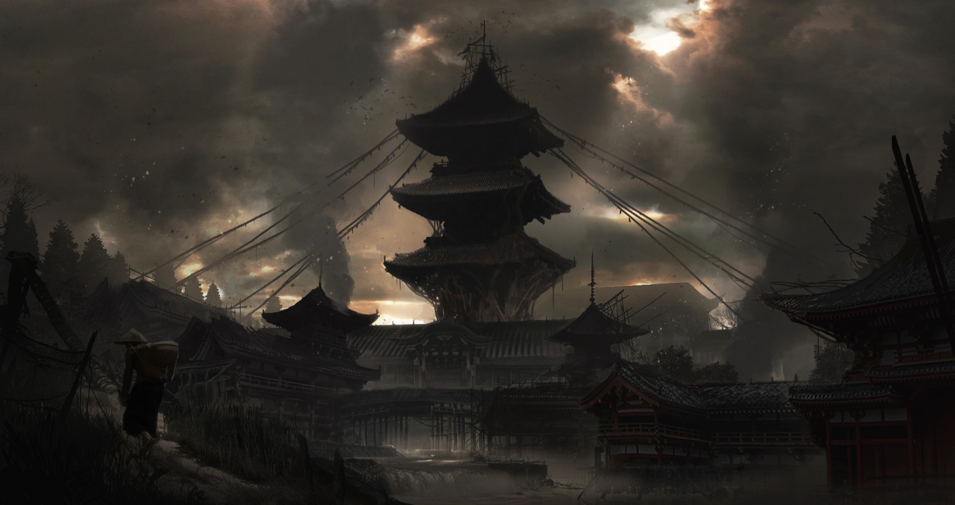 Dark fantasy Asian temple with a lone traveler HD Wallpaper