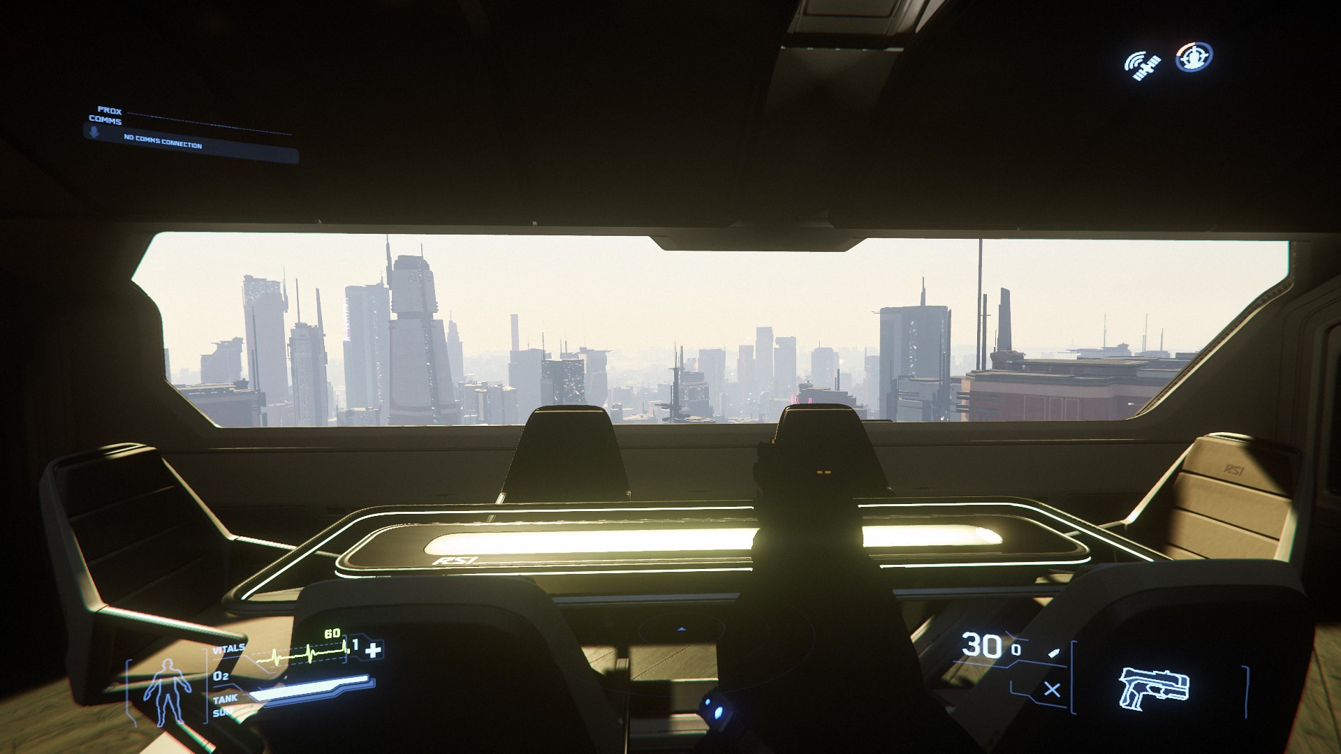 Star Citizen cockpit view of a futuristic city HD Wallpaper